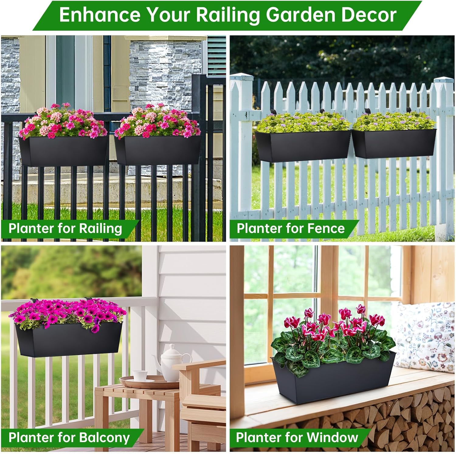 Thumbnail 6 de OGIMA 41cm Railing Planter Box (3-pack) with adjustable wide hooks for 7cm railings
