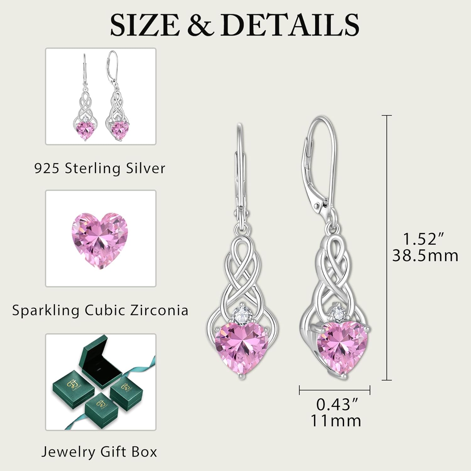 Thumbnail 5 de FJ Infinity Celtic Knot Earrings in 925 Sterling Silver with Birthstone Cubic Zirconia Drop