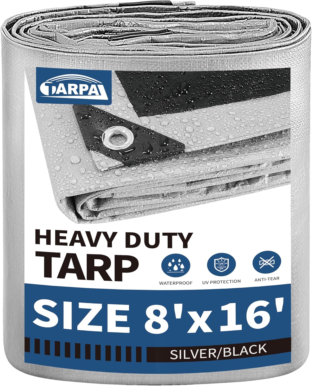 TARPAL 8x16 Feet 10.5Mil Silver/Black Heavy-Duty Waterproof Tarp