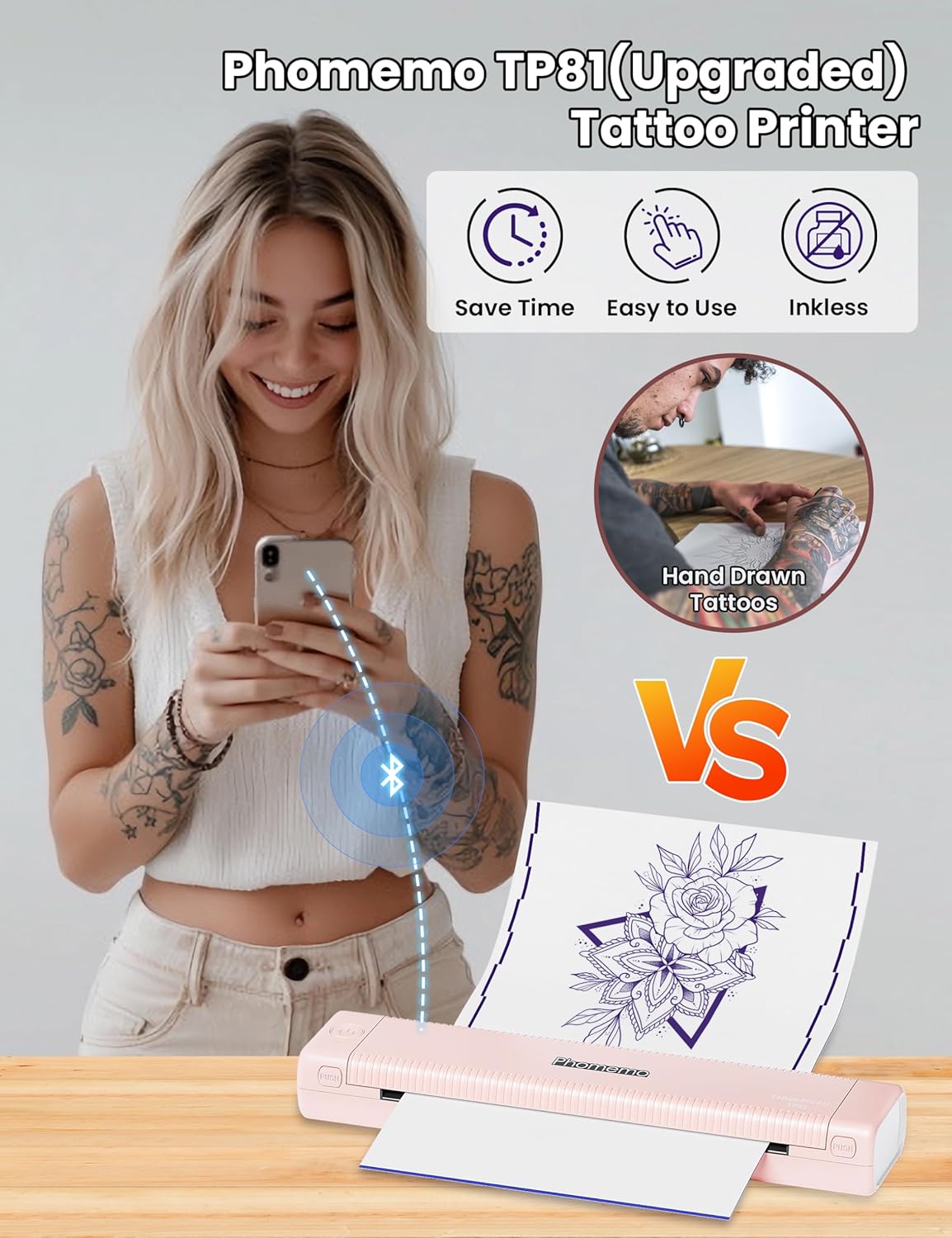 Thumbnail 5 de Phomemo TP81 Tattoo Printer (Stencil Printer) with 10 Tattoo Stencils Papers – Thermal Thermal Printer for Home or Studio, Pink