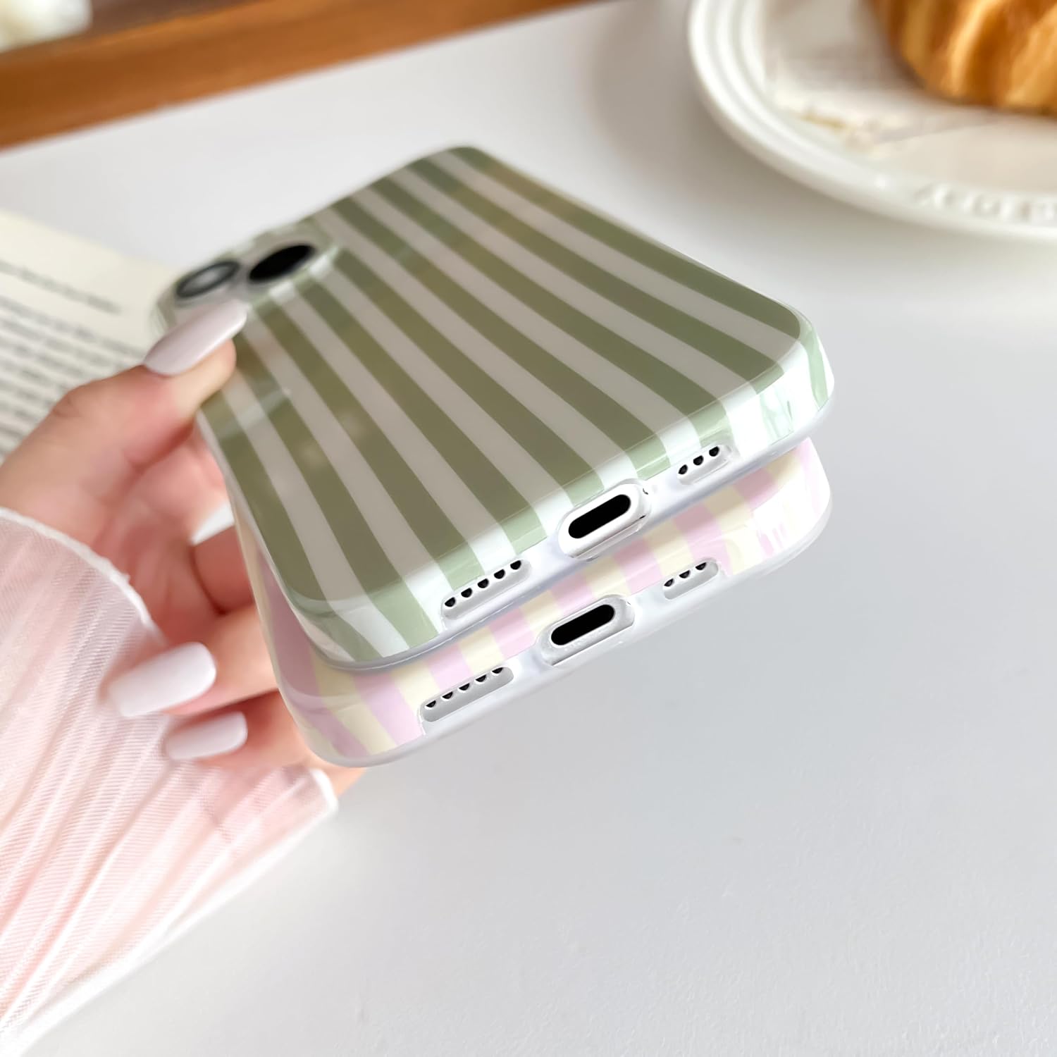 Detalle de SmoBea iPhone 14 Case – Cute Striped Slim TPU, Pink and Yellow