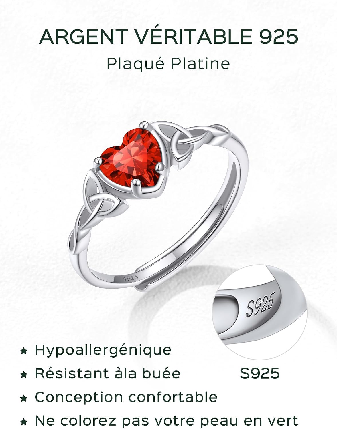 Detalle de ChicSilver Bague femme argent réglable à nœud celtique et pierre cœur