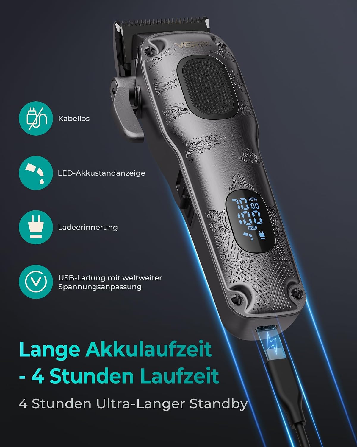 Detalle de VGRPRO Haarschneidemaschine Profi – kabellos, LED-Anzeige, 11 Führungskämmen, Etui