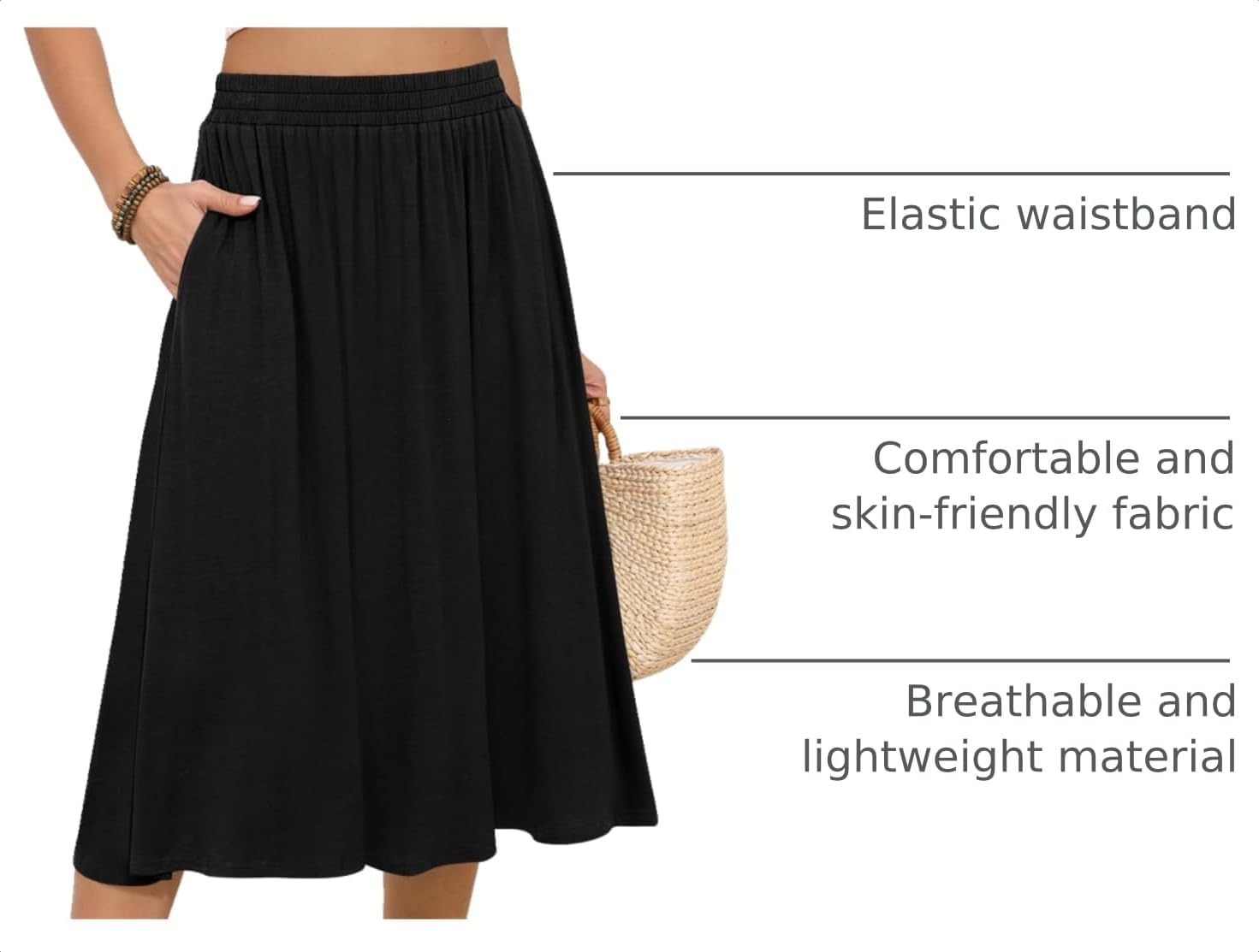 Detalle de MLXSJ Women's Midi Skirt: Flowing Summer Style with Elastic Waist & Pockets