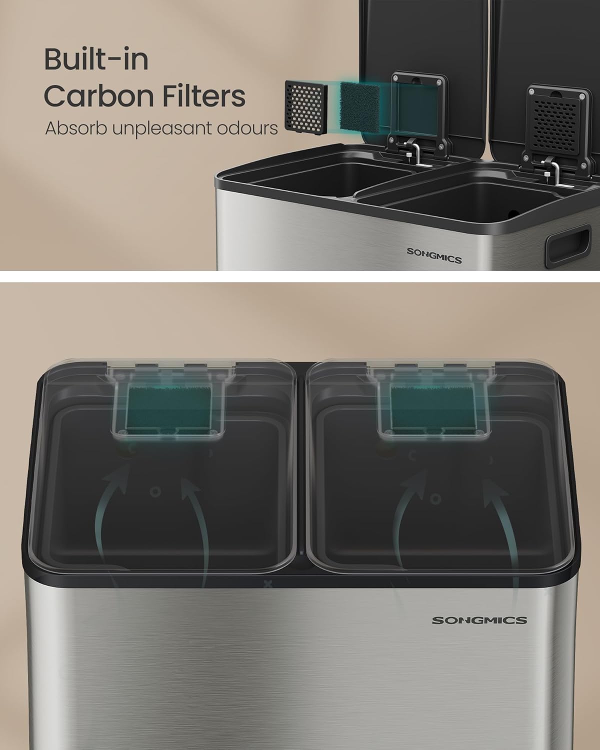 Thumbnail 3 de SONGMICS Kitchen Bin, 2 x 8 Gallon Dual-Compartment with Soft-Close Lid (LTB741EZ01)