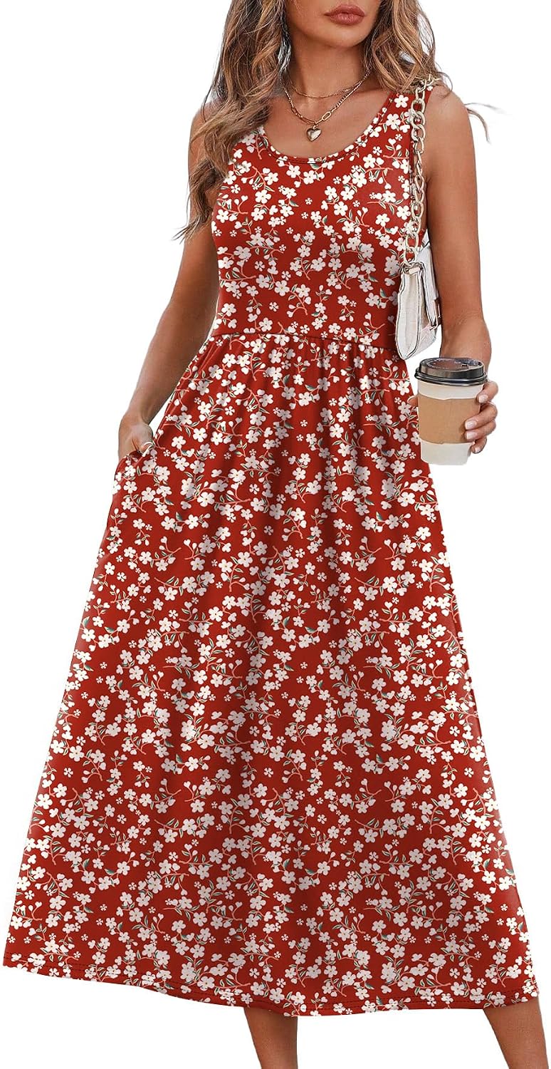 Detalle de WIHOLL Women’s Flowey Casual Midi Dress with Pockets for Beach Vacation & Everyday Wear