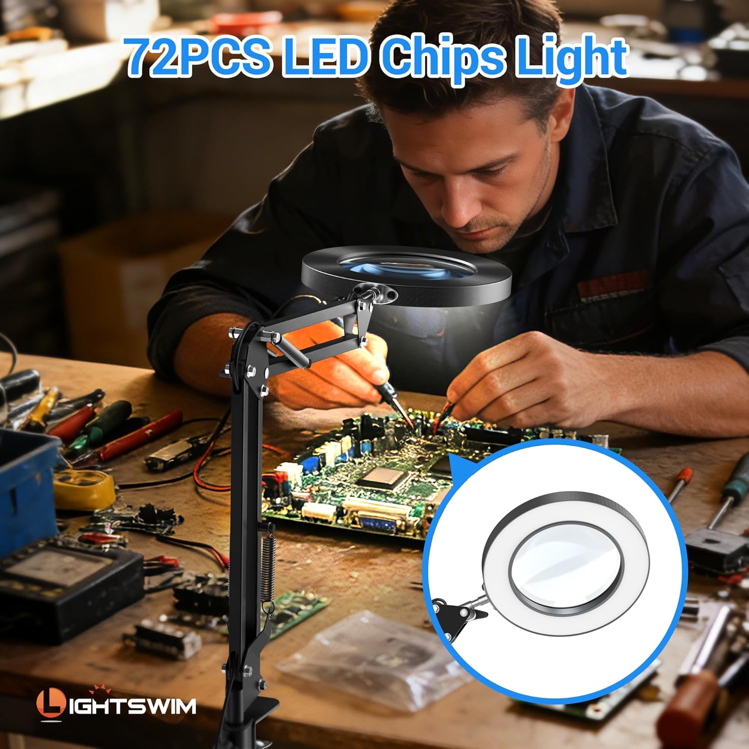 Thumbnail 2 de Lightswim lámpara de escritorio con lupa LED y 10 aumentos (72 LED, 3 colores, 10 niveles) + lupas de joyería 30x y 45x