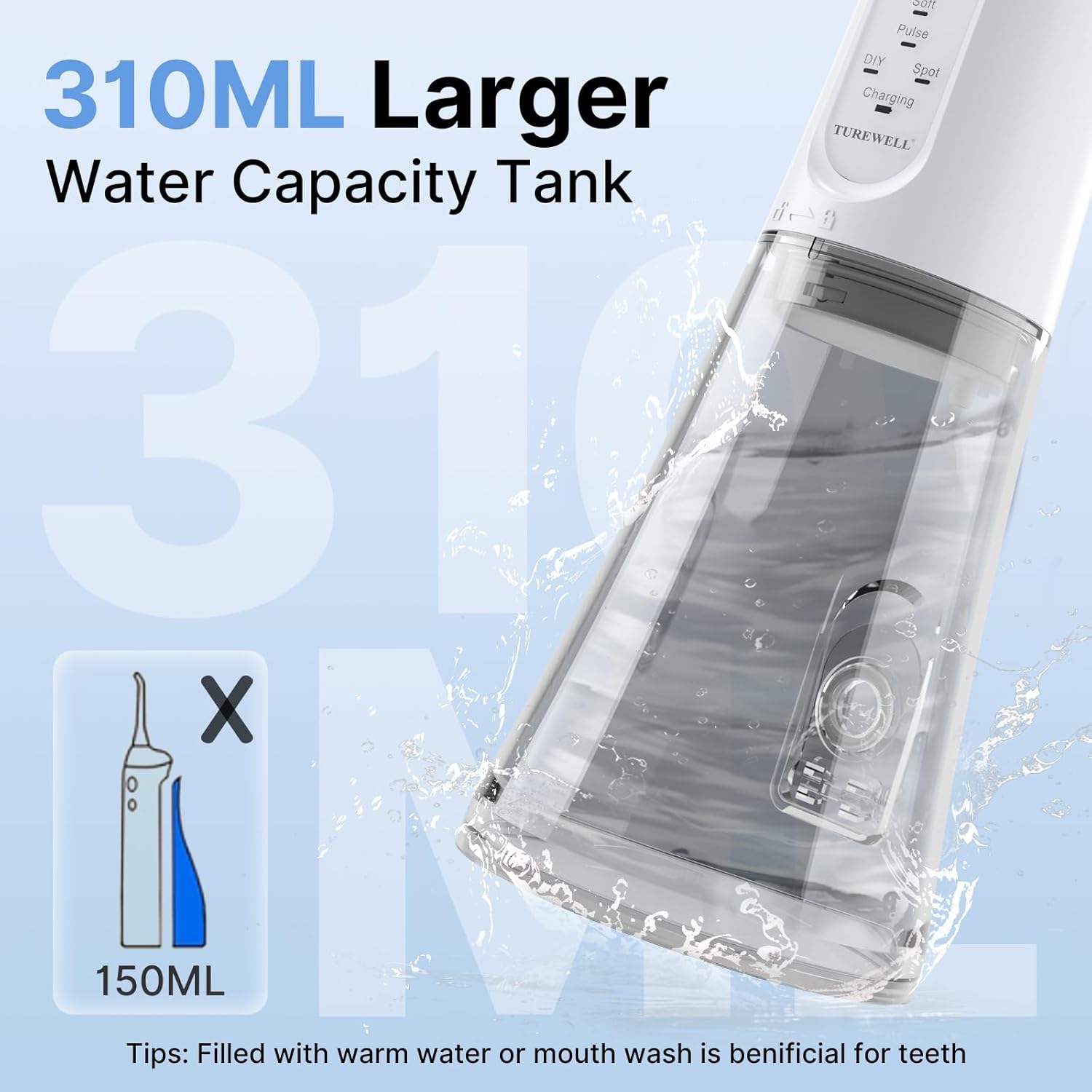 Thumbnail 4 de TUREWELL Cordless Water Flosser (310 ml) with 5 Modes, IPX7 Waterproof and 4 Jet Tips (White)