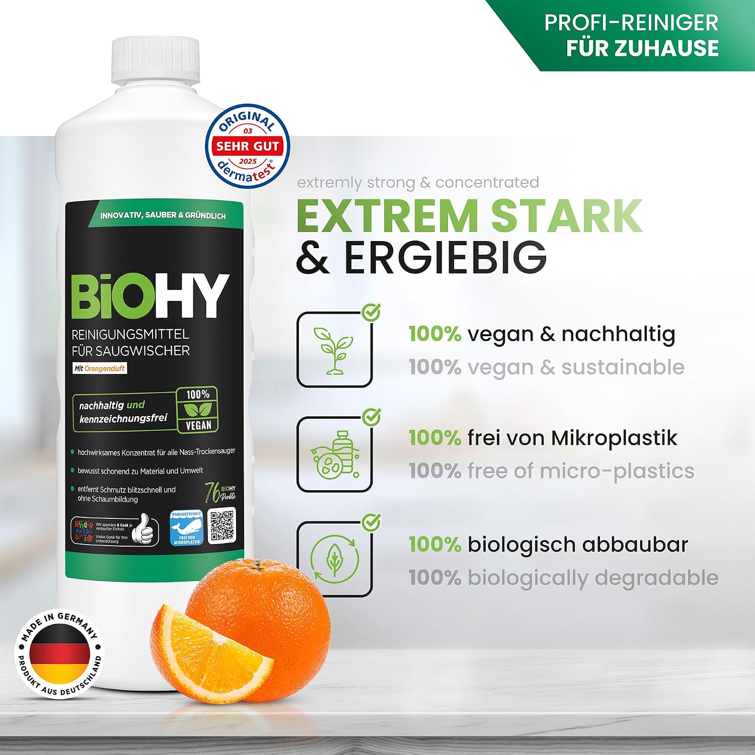 Detalle de BiOHY Reinigungsmittel für Saugwischer mit Orangenduft – 1-Liter-Flasche, 1:200 Konzentrat, schaumarm