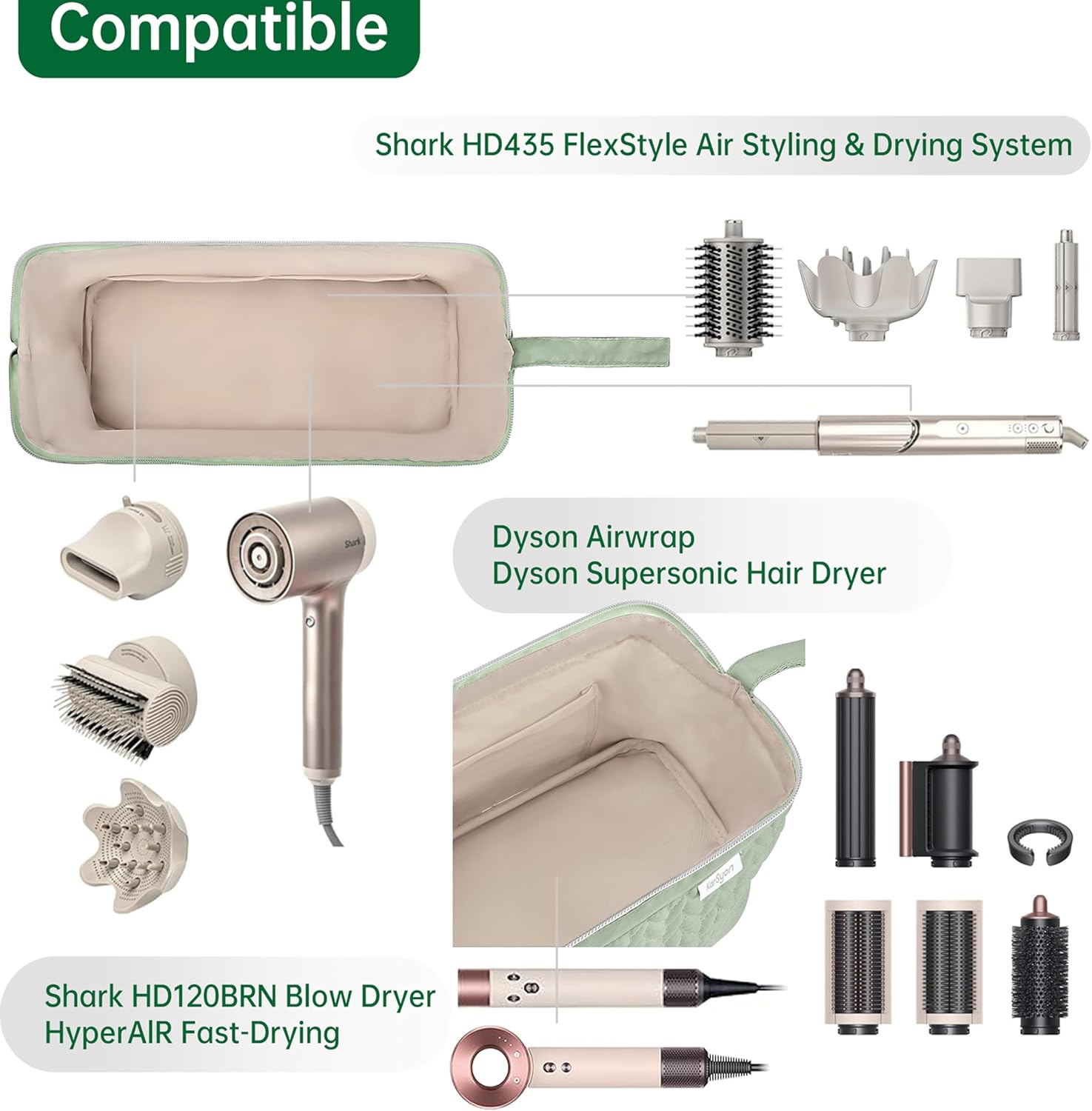 Thumbnail 3 de KarSyon Shark Flex Style Case for Airwrap Hair Dryer Brush, Travel Bag Organizer (Sage Green)