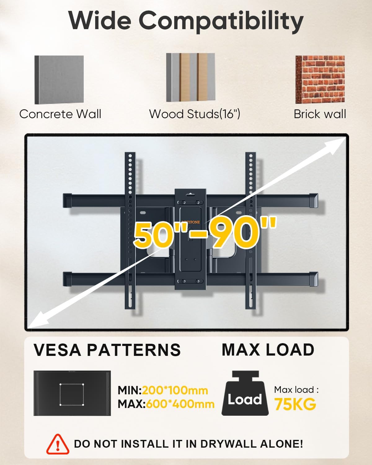 Detalle de WHYFONE WF9456 TV Wall Bracket for 50–90 Inch TVs, 765mm Dual Arms