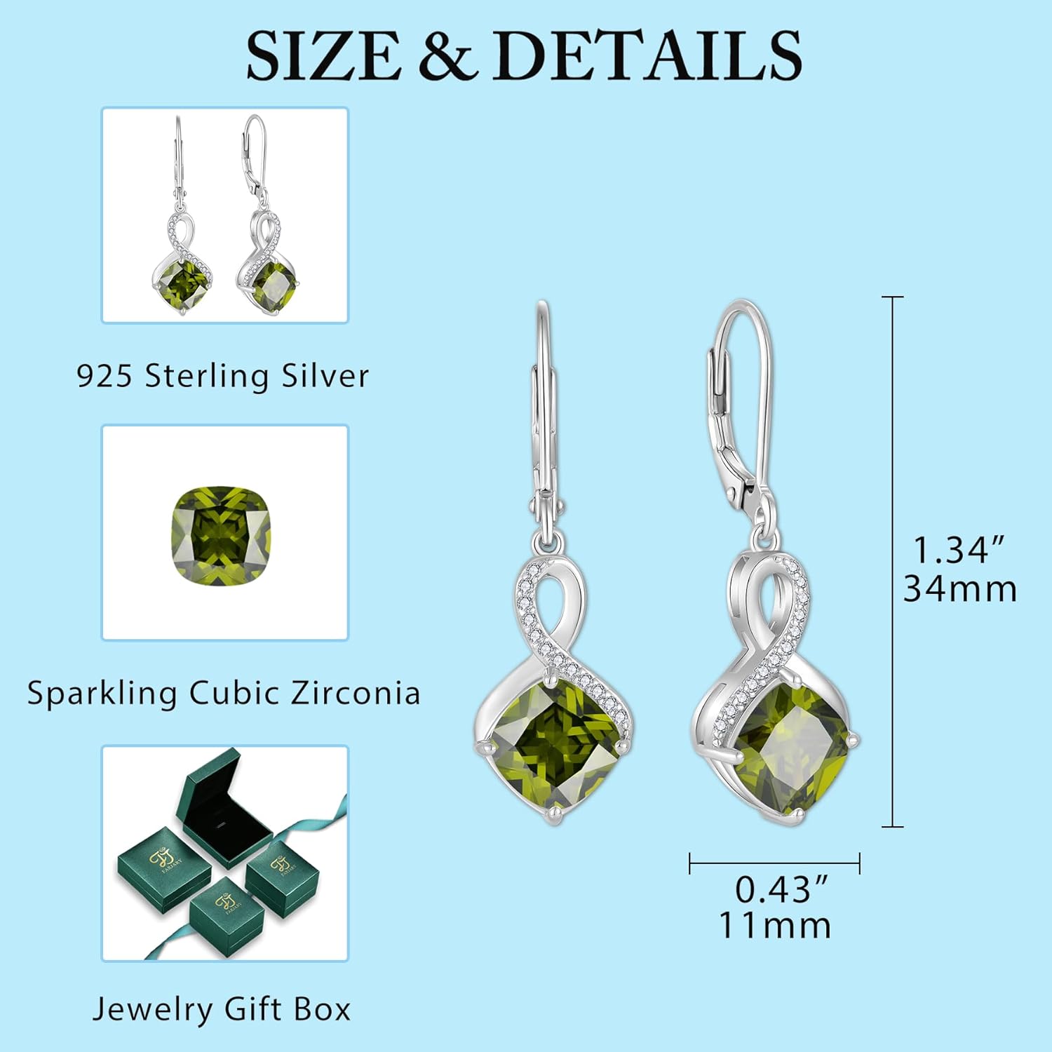 Thumbnail 5 de FJ Quadrat Prinzessschliff hängende Ohrringe aus 925 Sterling Silber mit Unendlichkeit-Motiv