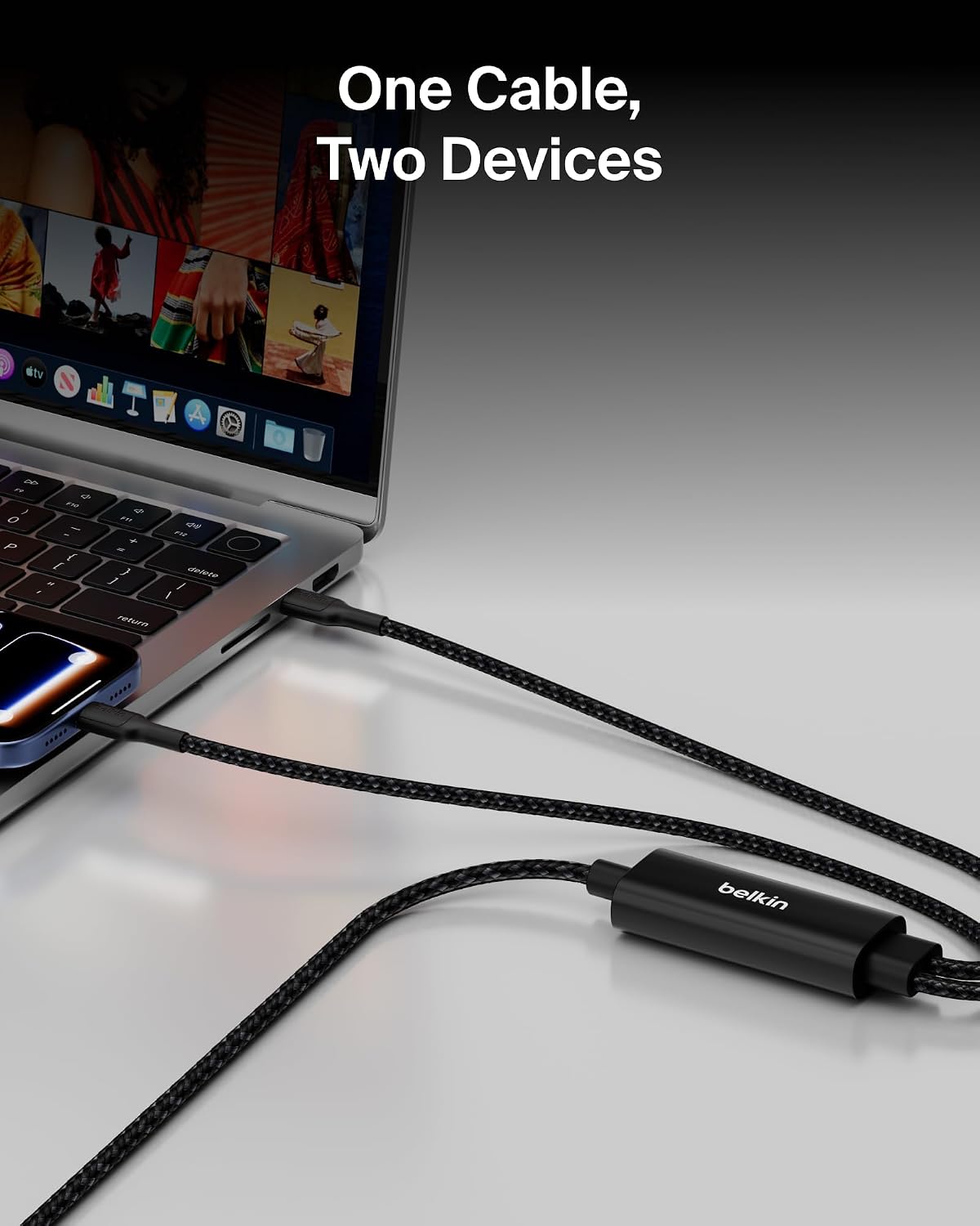 Detalle 2 de Belkin BoostCharge Pro 2-in-1 USB-C to USB-C Charger Cable 140W: Dual charging with smart power sharing