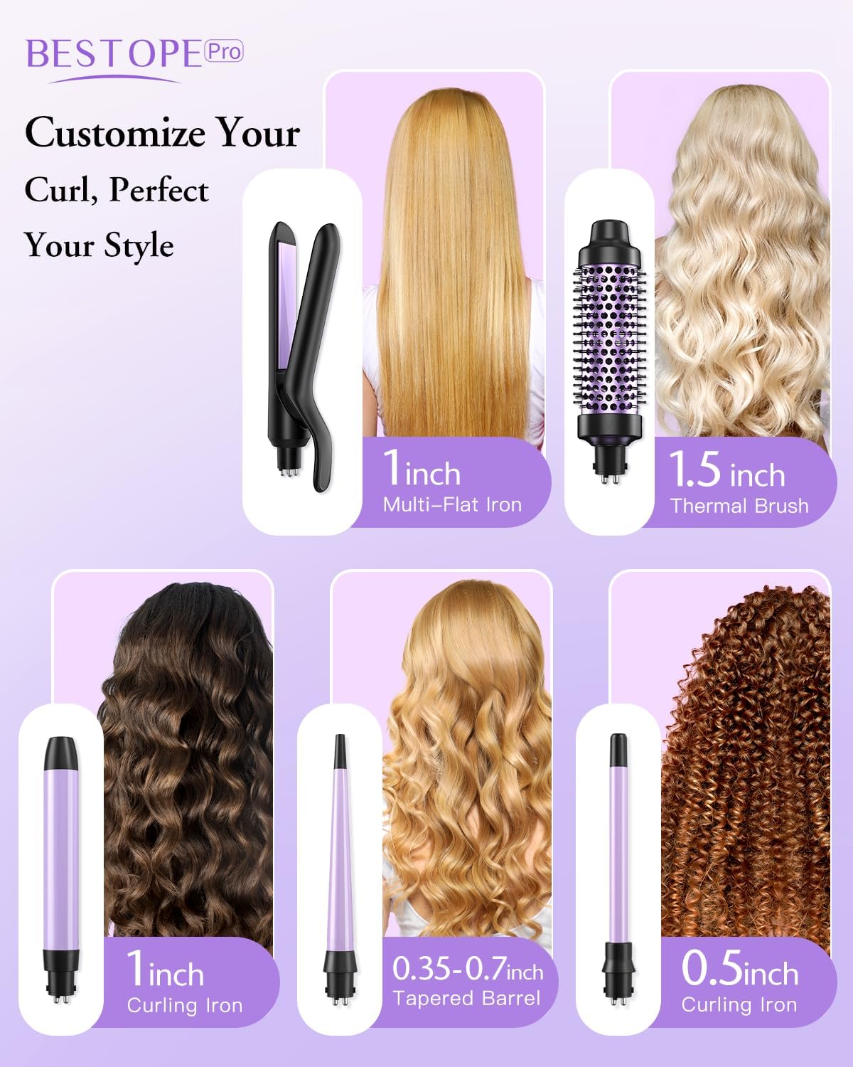 Thumbnail 1 de 5 in 1 Curling Iron Set (Thermal Brush, Flat Iron, Wand, Curling Irons) with 13 Temps, LED Display, Glove & Heat Mat