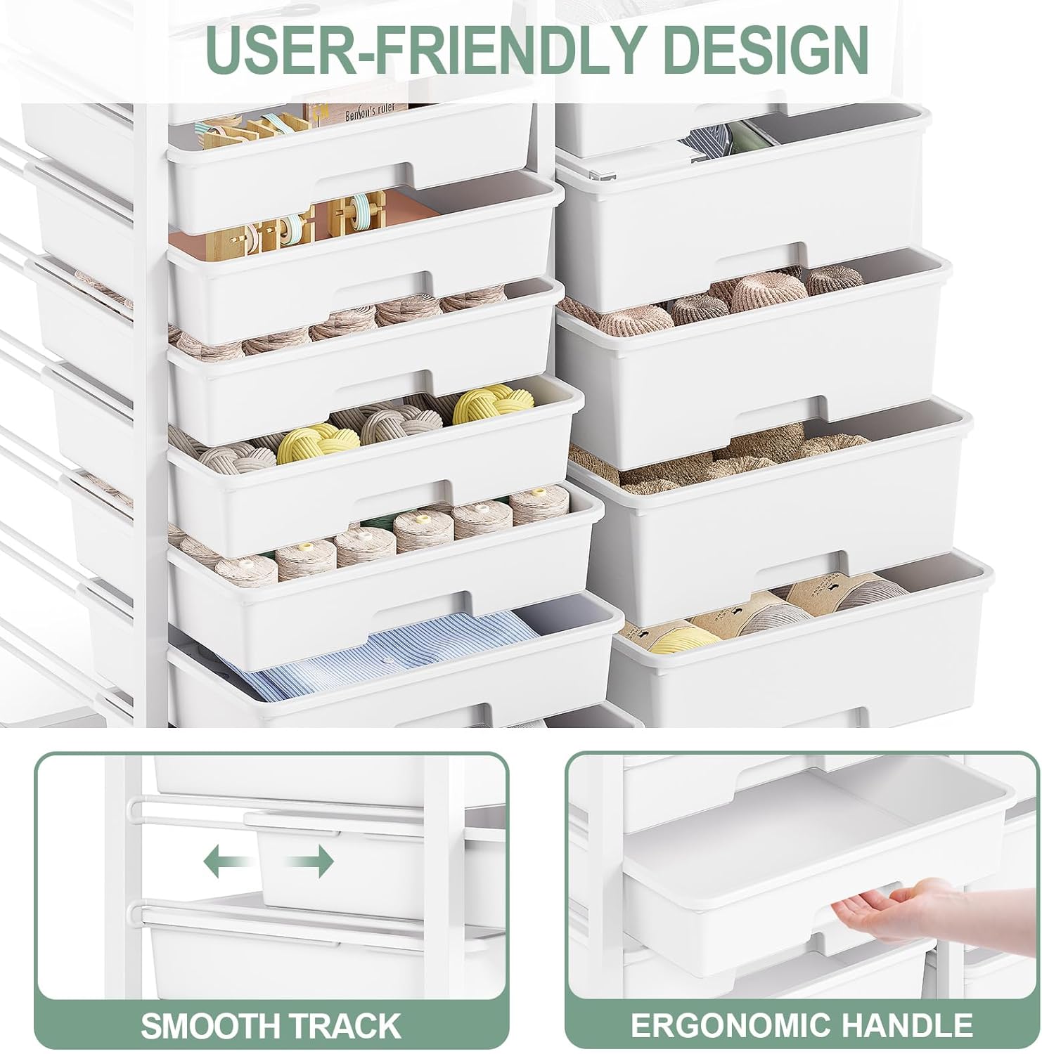 Thumbnail 3 de 14-Drawer Storage Craft Organiser Trolley Cart with DIY Pegboard, Hanging Basket & 4 Hooks (White)