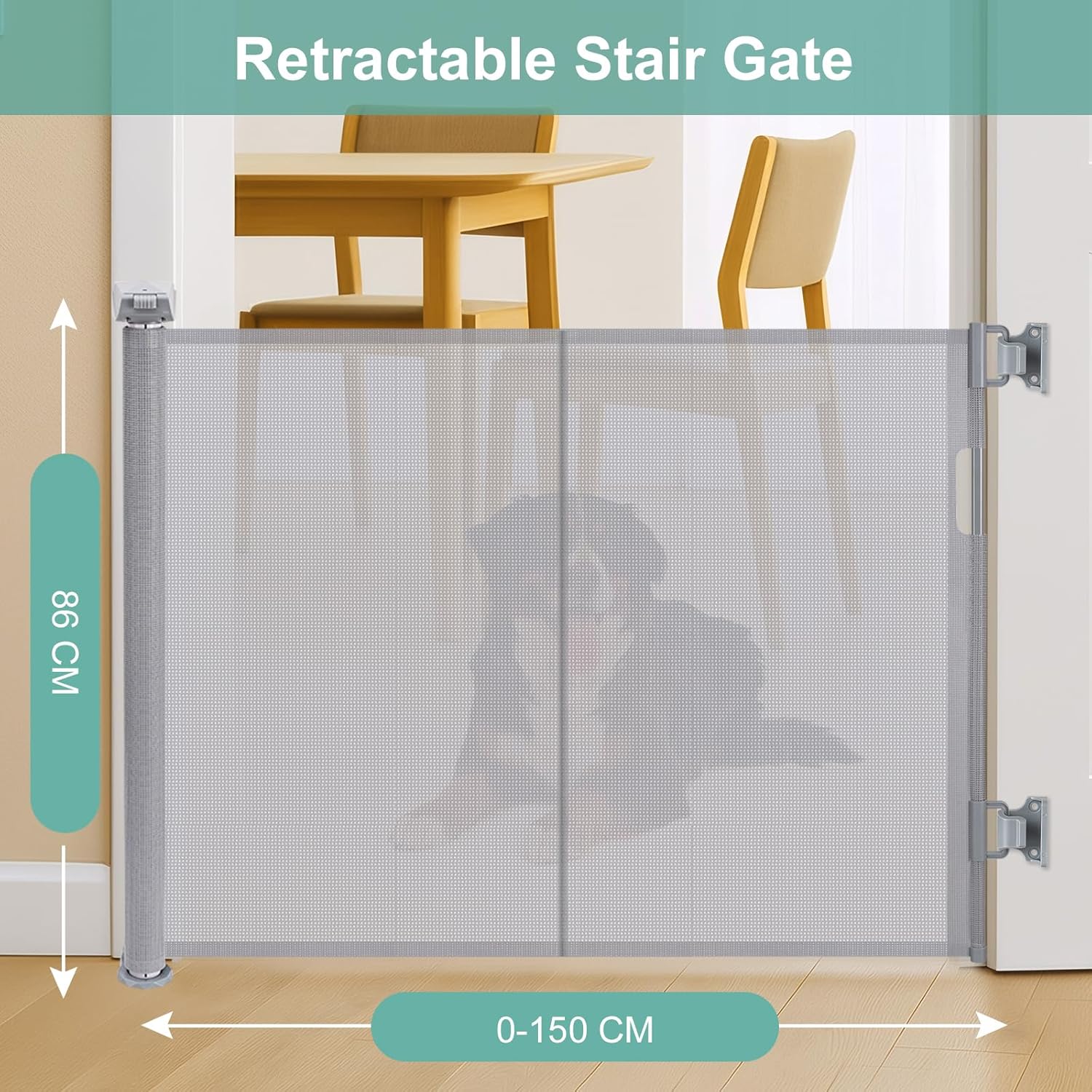 Thumbnail 1 de Retractable Stair Gate for Baby, Dog Gate – 150 cm Wide, 86 cm Tall (Grey)