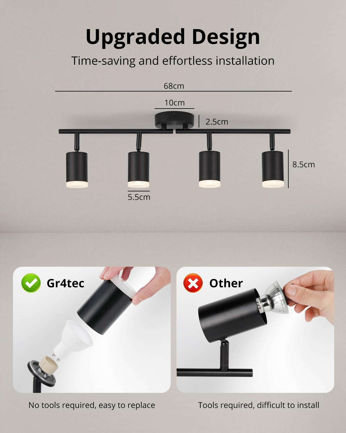 Thumbnail 4 de Gr4tec LED Ceiling Spotlight 4 Way – Modern, Rotatable GU10 Bar in Matte Black