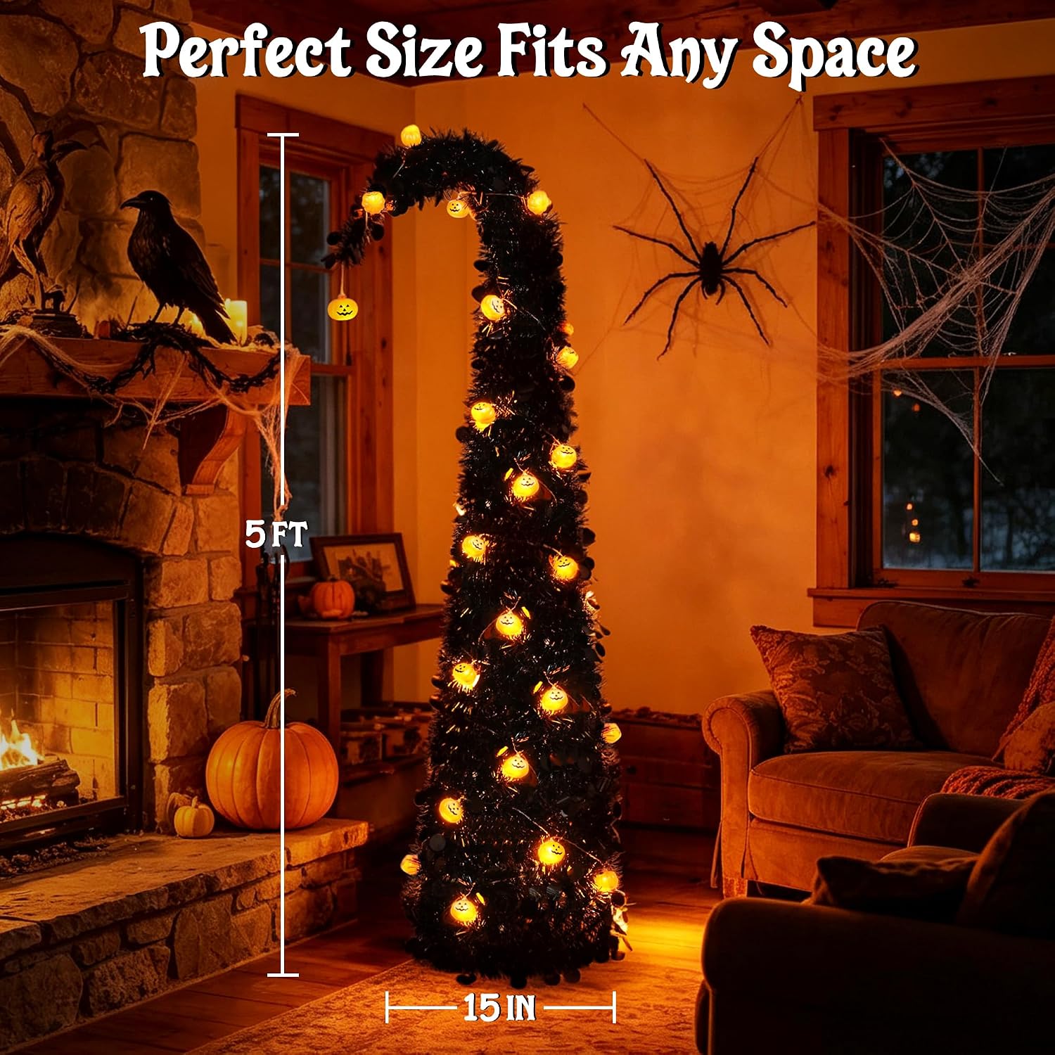 Detalle de Brizled 5-Foot Black Halloween Tree with Pop-Up Design and Battery-Powered Lights
