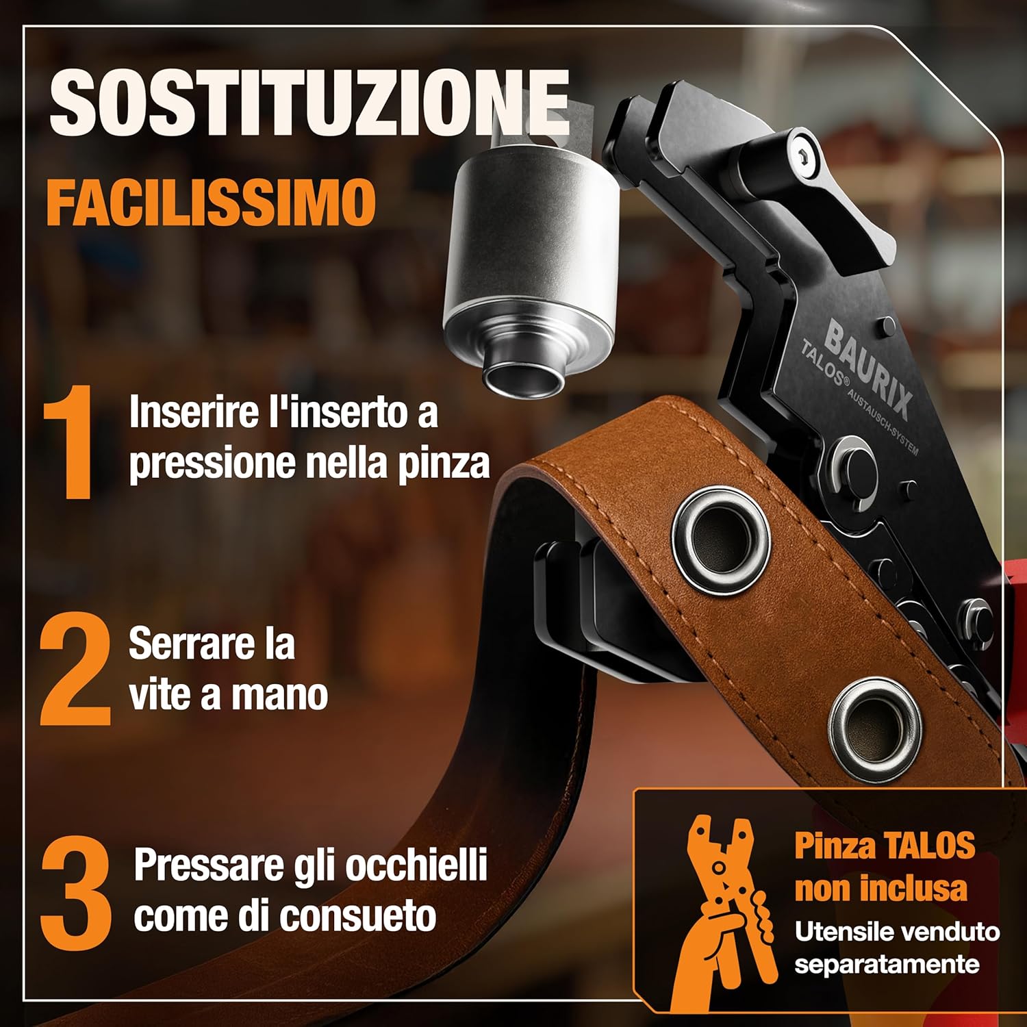 Detalle de BAURIX TALOS: pinze per occhielli 10 mm per teloni, tessuti e pelle – autofilettanti senza perforazioni