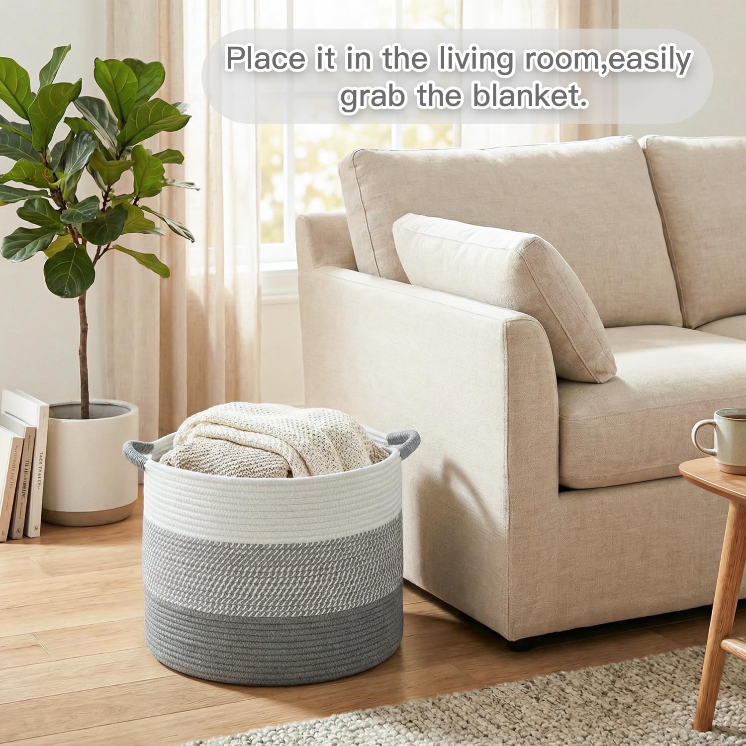 Detalle 2 de Artfeel 70L Cotton Rope Blanket Basket, Machine-Washable with Reinforced Handles