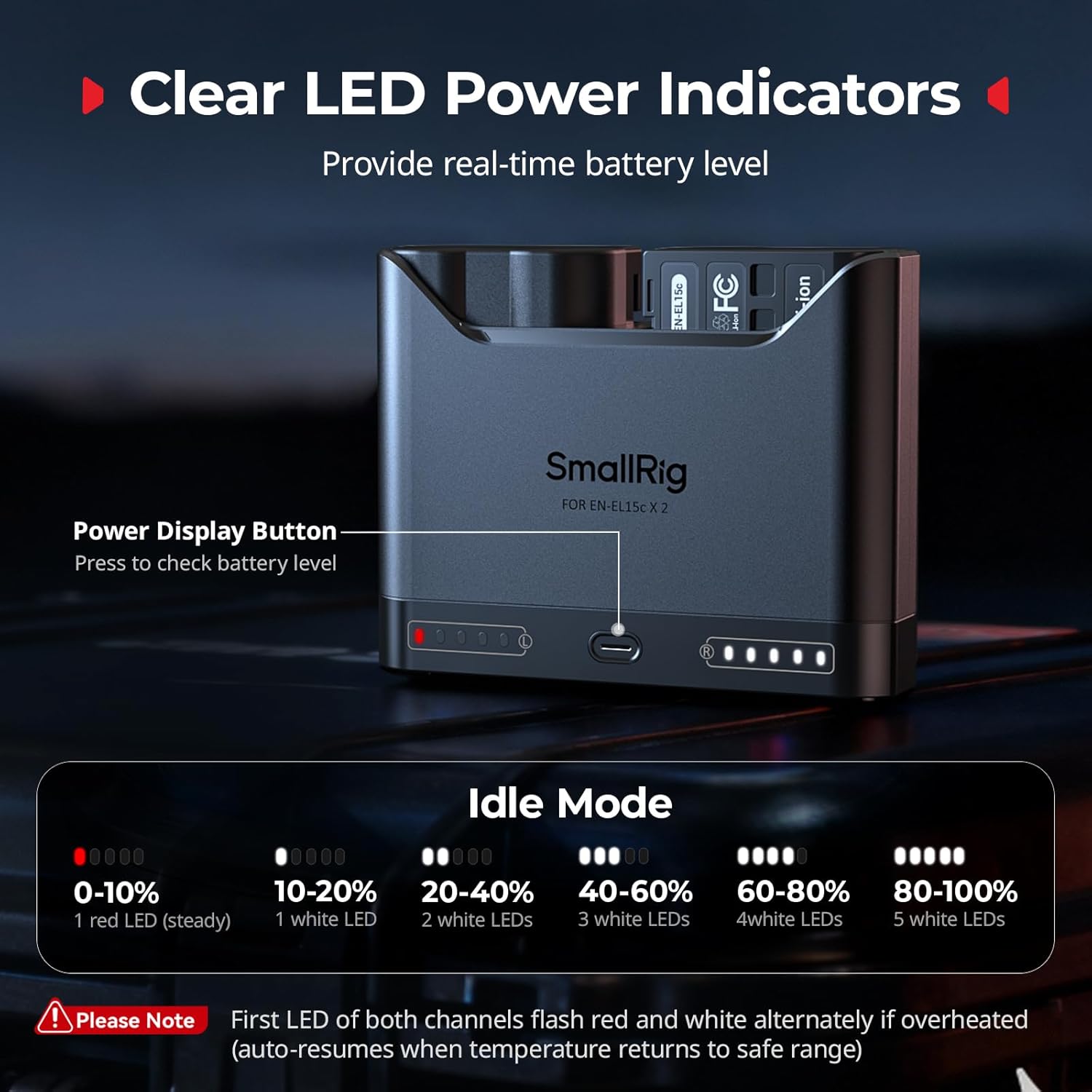Detalle de SmallRig Caricabatterie EN-EL15c per Nikon – doppio slot, USB-C 22,5 W e display LED