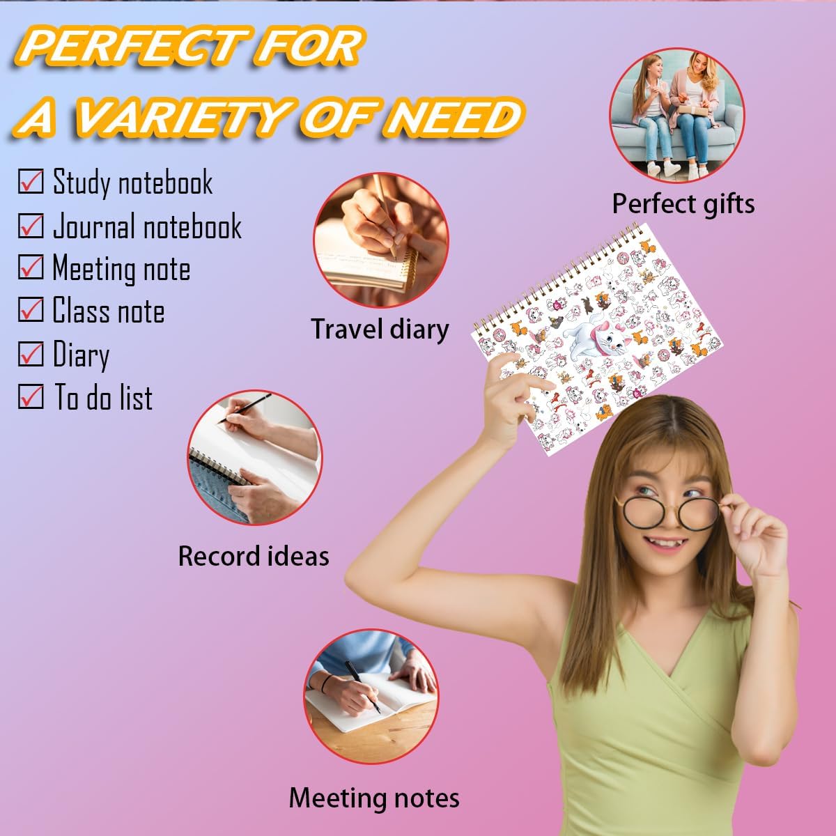 Detalle 1 de LONGXIN Cartoon Cat Spiral Notebook, 80-Page Lined Journal with Hardcover