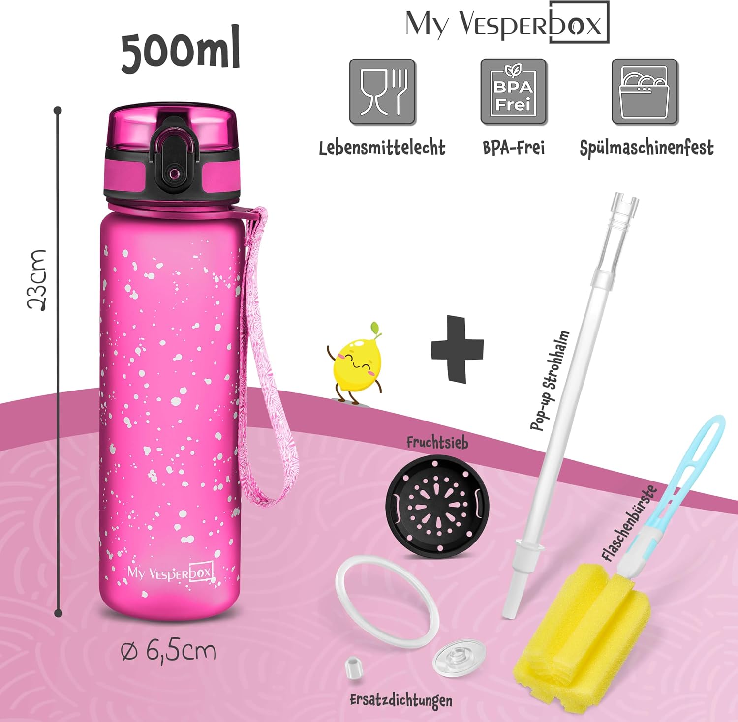 Detalle 2 de My Vesperbox® Kinder-Trinkflasche 500 ml – auslaufsicher, kohlensäuregeeignet, inkl. Ersatzdichtung