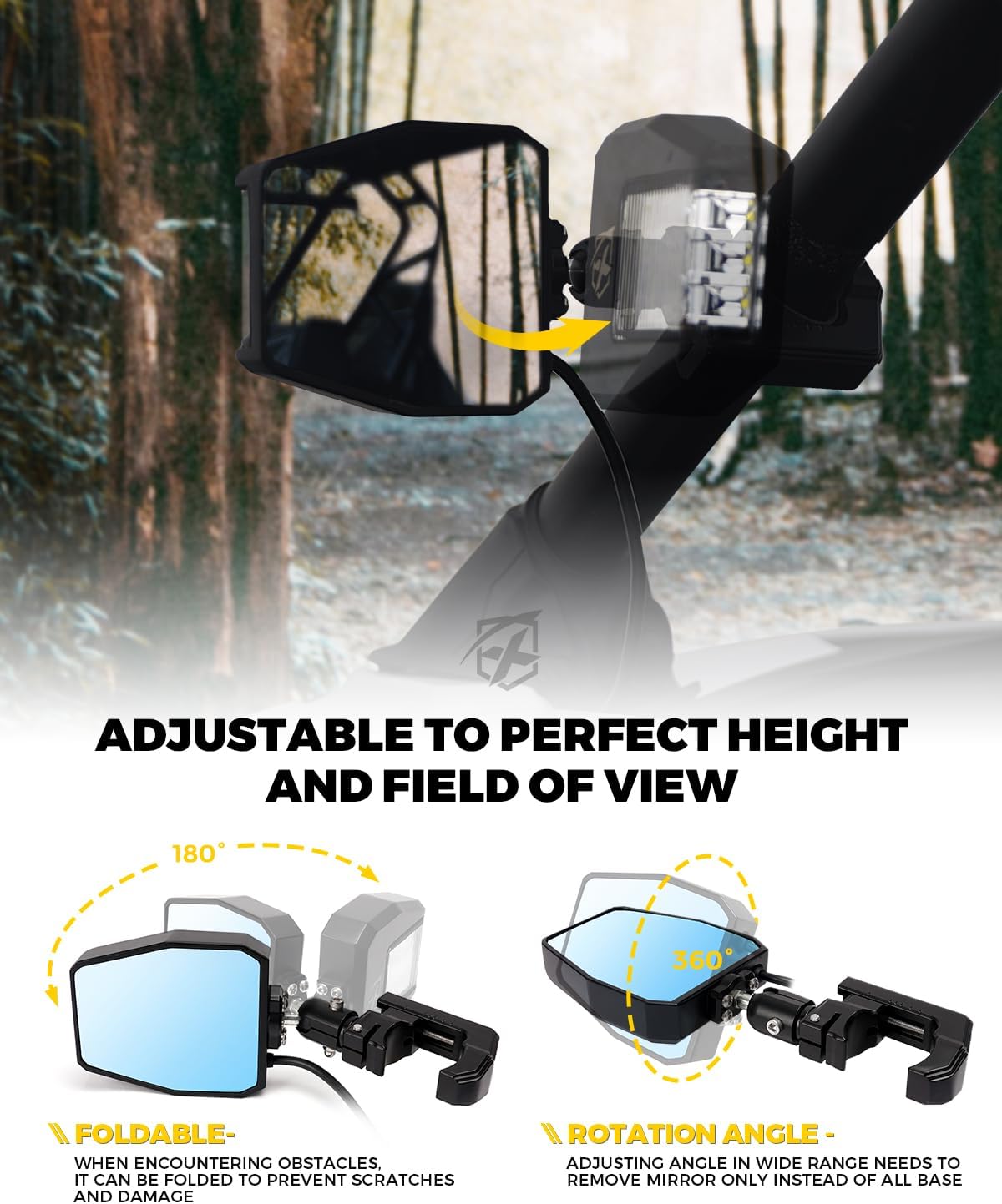 Detalle 2 de Xprite Classic UTV Side View Mirrors w/ LED Spot Light, Smoke Lens (Fits 1.75"–2" Roll Cages)