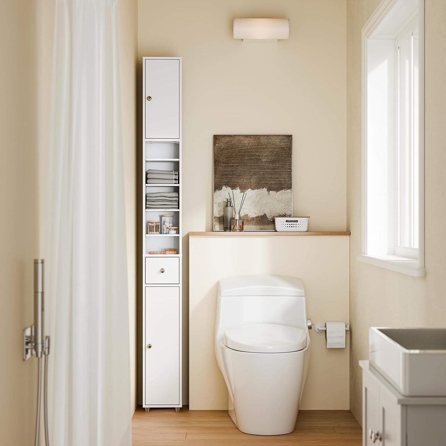 Detalle de SoBuy BZR34-W Bathroom Cabinet, 20 cm Slim White Storage with Adjustable Shelves