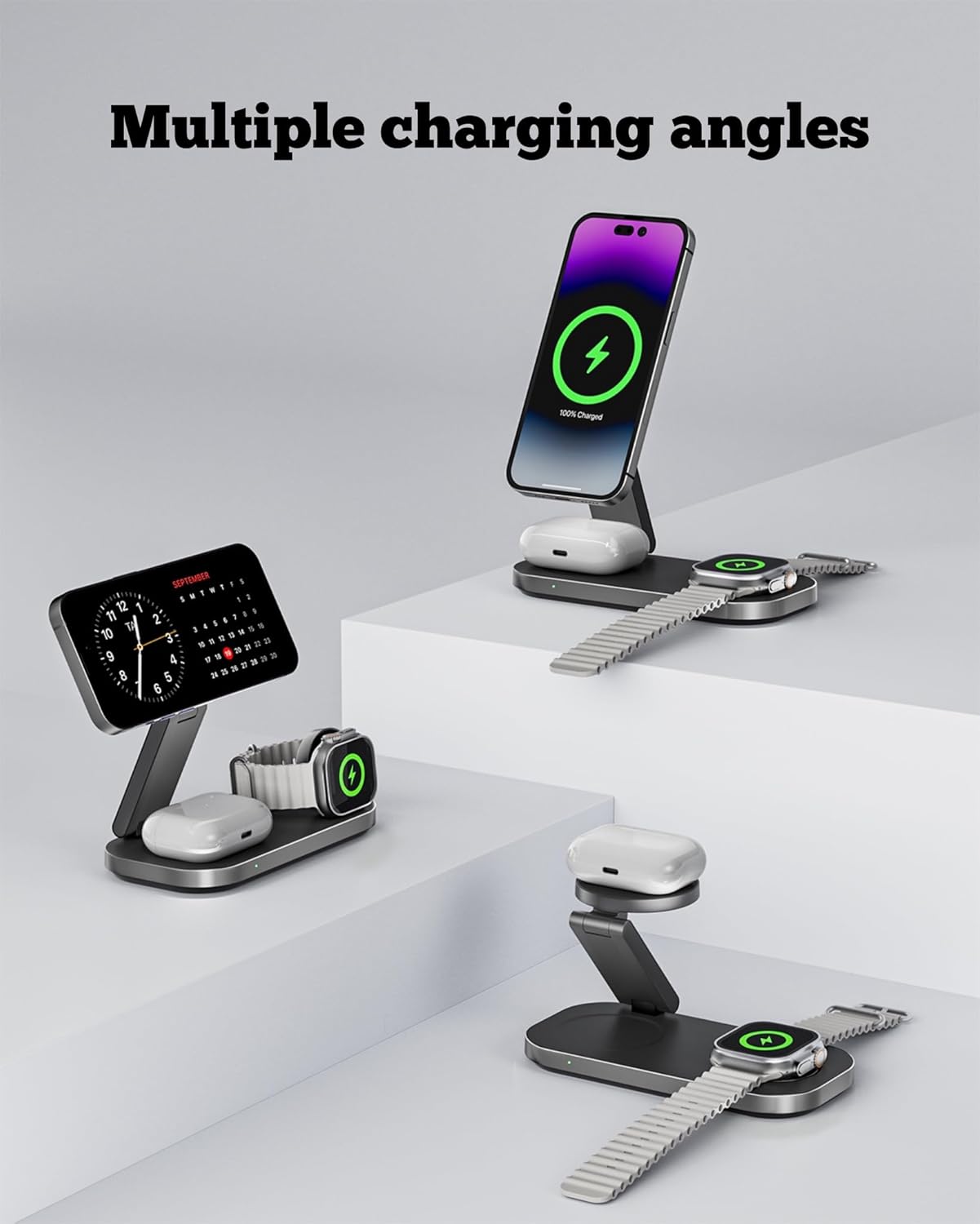 Thumbnail 5 de 3 in 1 Wireless Charging Station (Foldable) for iPhone, Apple Watch & AirPods – Travel-Ready MagSafe Stand, 20W Adapter Included (Black)