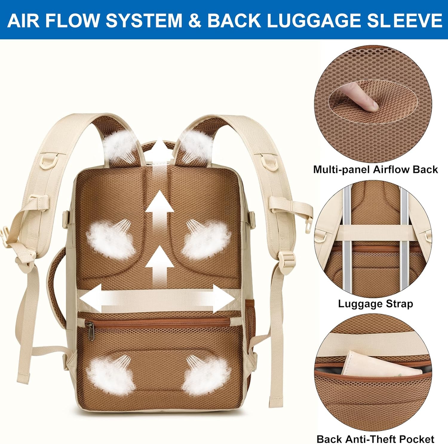 Thumbnail 6 de Travel Backpack for Women: Airline-Approved Carry-On with Shoe Pouch and 15.6” Laptop Compartment — Beige