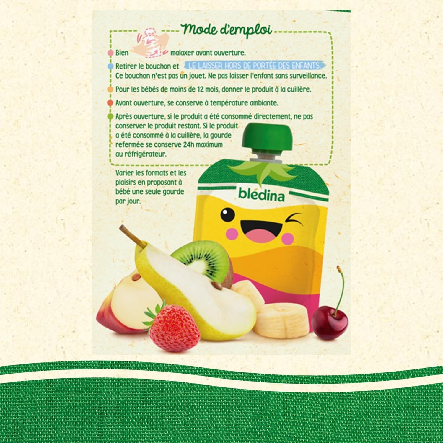 Detalle de BLÉDINA Gourdes de Purées de Fruits Bébé – 32 x 90 g (6 mois et +) : Pommes, Poires, Fraises, Cerises, Banane & Kiwi