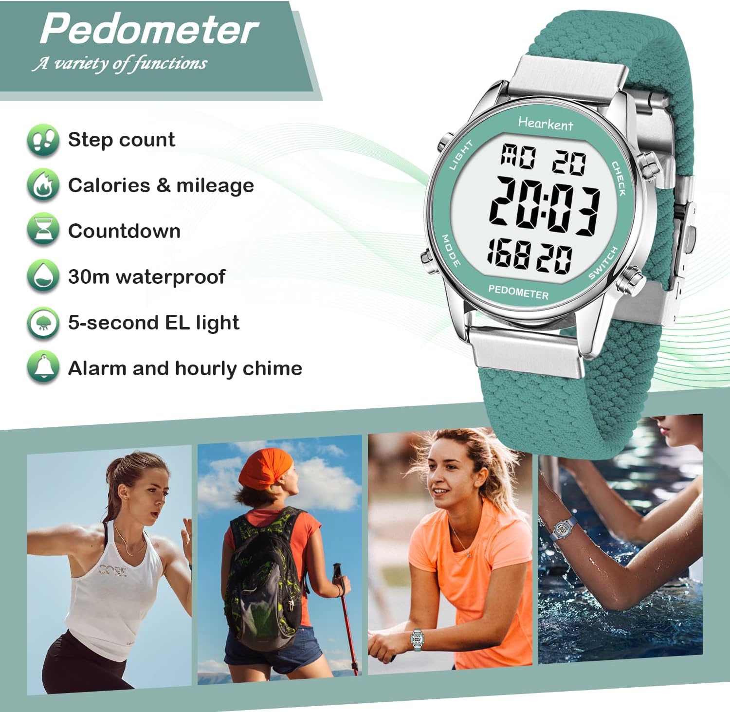 Detalle de Hearkent Women Pedometer Watch with Step Counter, 30M Waterproof EL Backlight & No-App Tracking