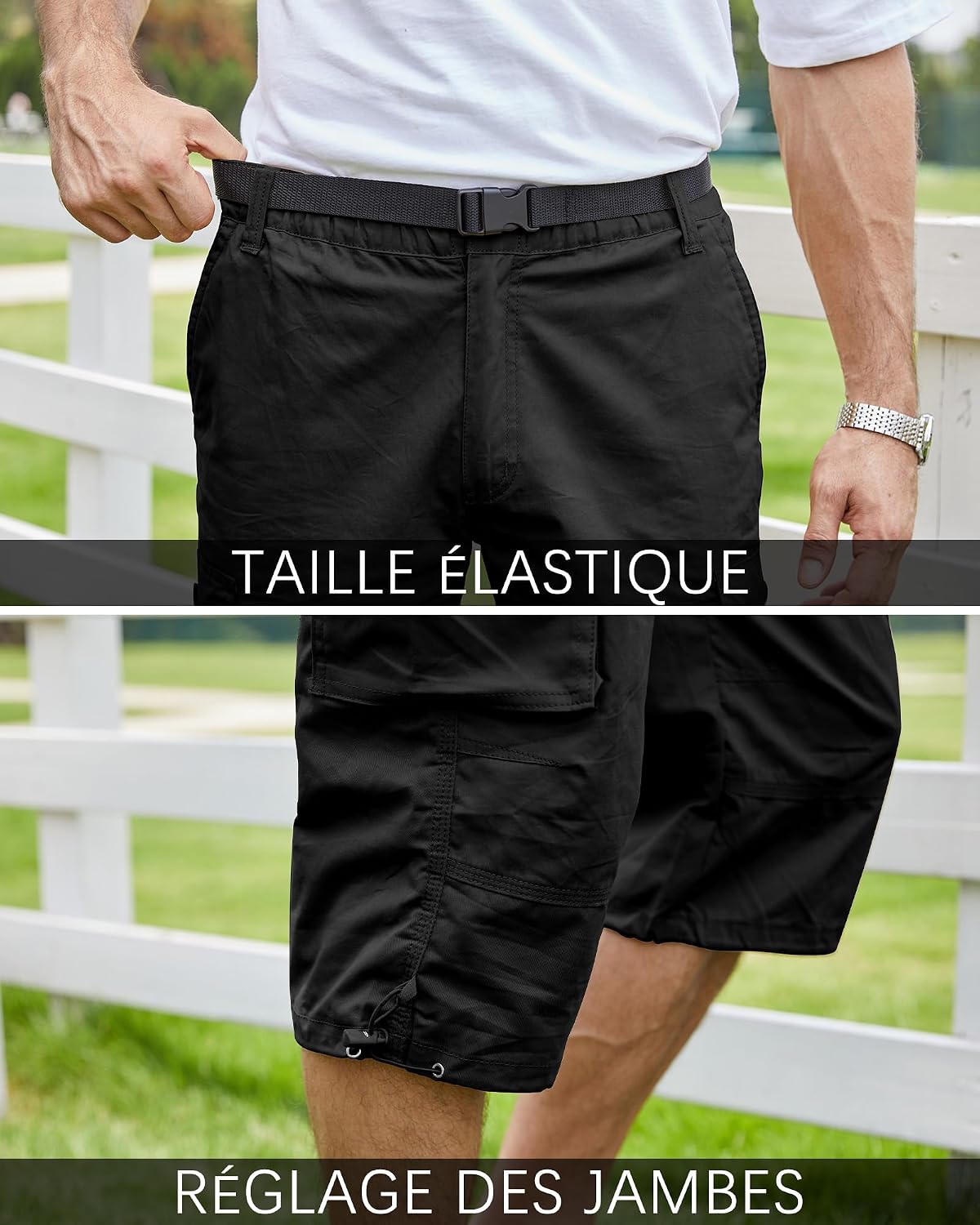 Detalle de NANAMEEI Pantacourt cargo homme 3/4 à poches multiples, bermuda long de travail pour l’été