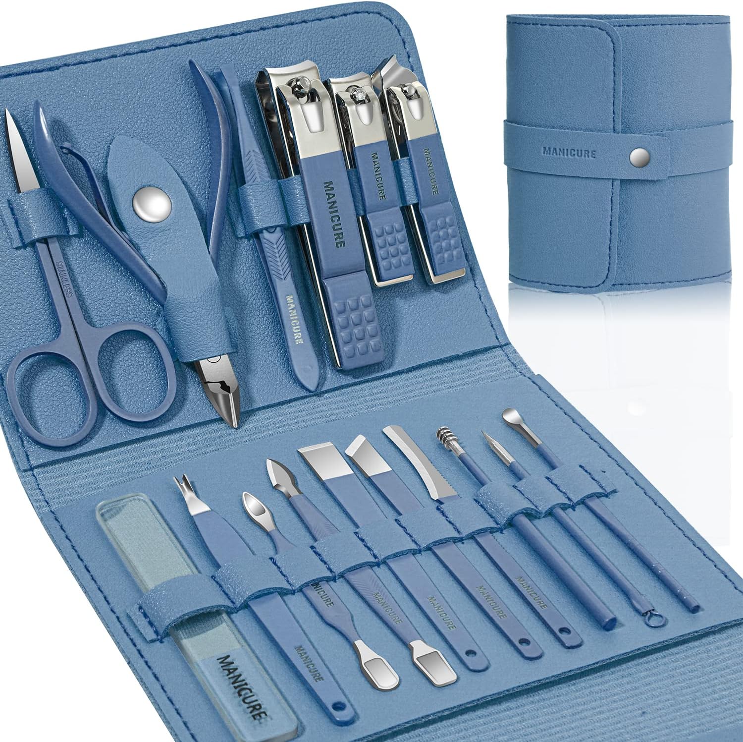 Detalle de Leipple L2022 16-Piece Stainless Steel Manicure & Pedicure Kit with Leather Case