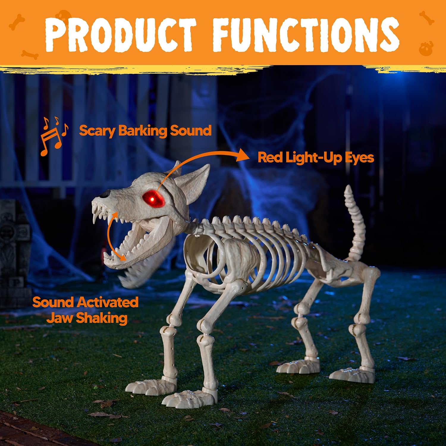 Detalle 2 de JOYIN 16280 Howling Wolf Skeleton Dog, 34-Inch Halloween Decor with Red LED Eyes