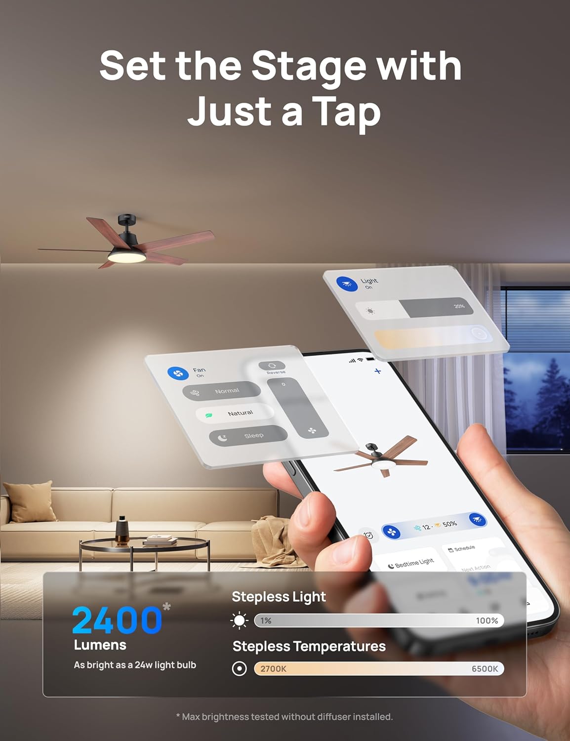 Detalle de DREO 52-Inch Ceiling Fan with Lights (6 Speeds, Dimmable LED, Remote, 8H Timer)