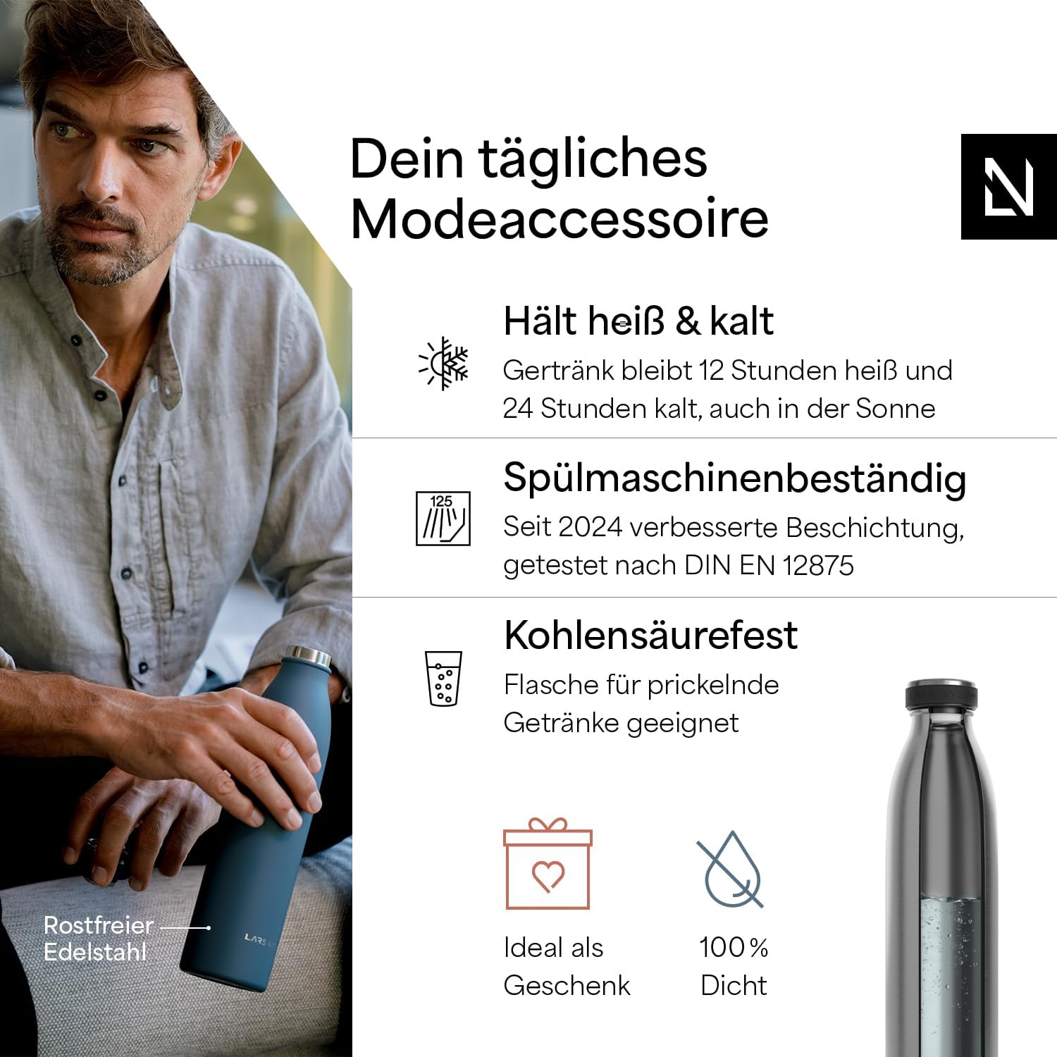 Thumbnail 1 de LARS NYSØM Edelstahl Trinkflasche 500 ml – auslaufsicher, doppelt isoliert