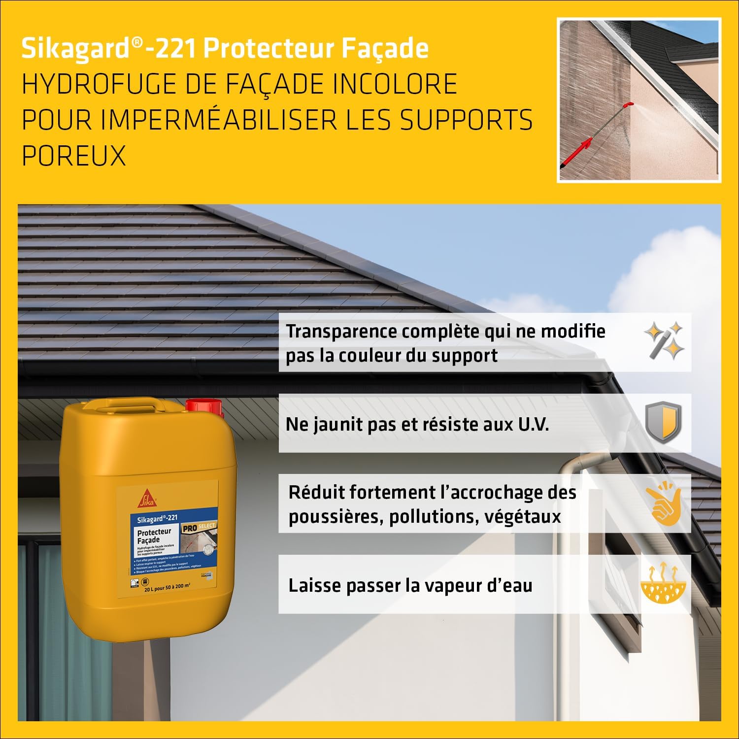 Thumbnail 3 de Sikagard 221 Protecteur Façade Incolore – Hydrofuge imperméabilisant multi-supports (20 L)