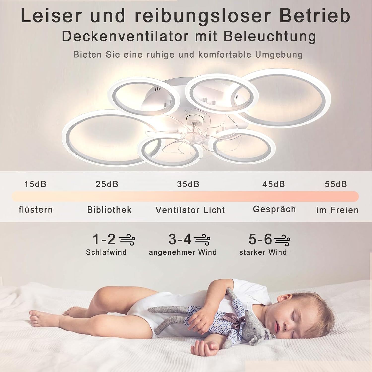 Detalle de MiiR LED Deckenventilator mit Beleuchtung (110 cm), Fernbedienung & App, 105 W – weiß