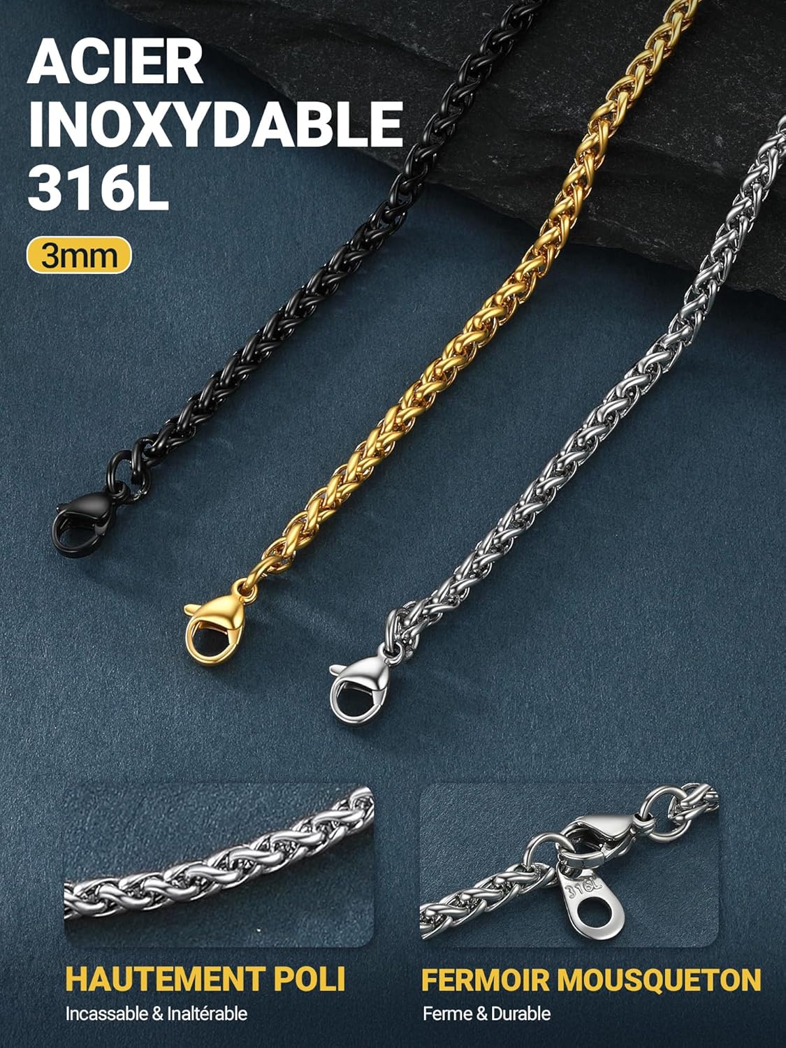 Thumbnail 4 de PROSTEEL Collier Homme 3/6 mm – Maillons Blé en Acier Inoxydable, Argent/Or/Noir, Longueurs 46–76 cm