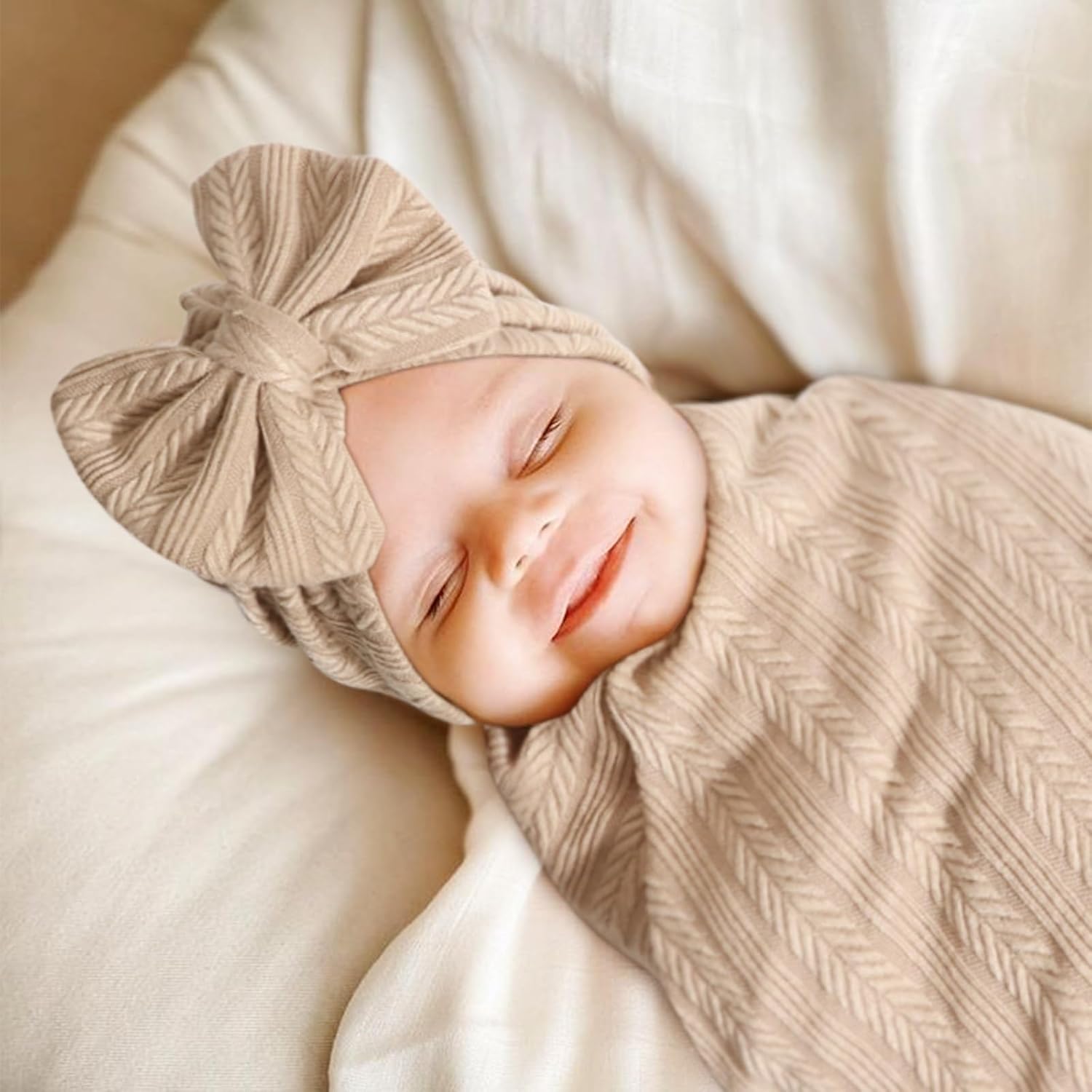 Detalle 2 de DRESHOW Newborn Receiving Blanket Toddler Warm with Matching Bow Hat and Bow Headband