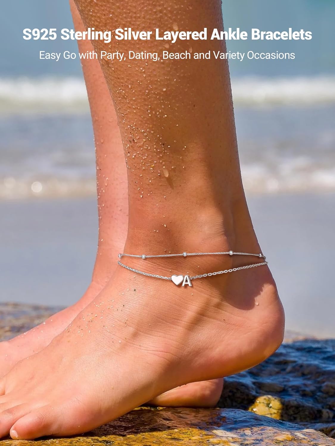 Detalle 2 de PROSILVER Women Sterling Silver Heart Anklet with A-Z Initial