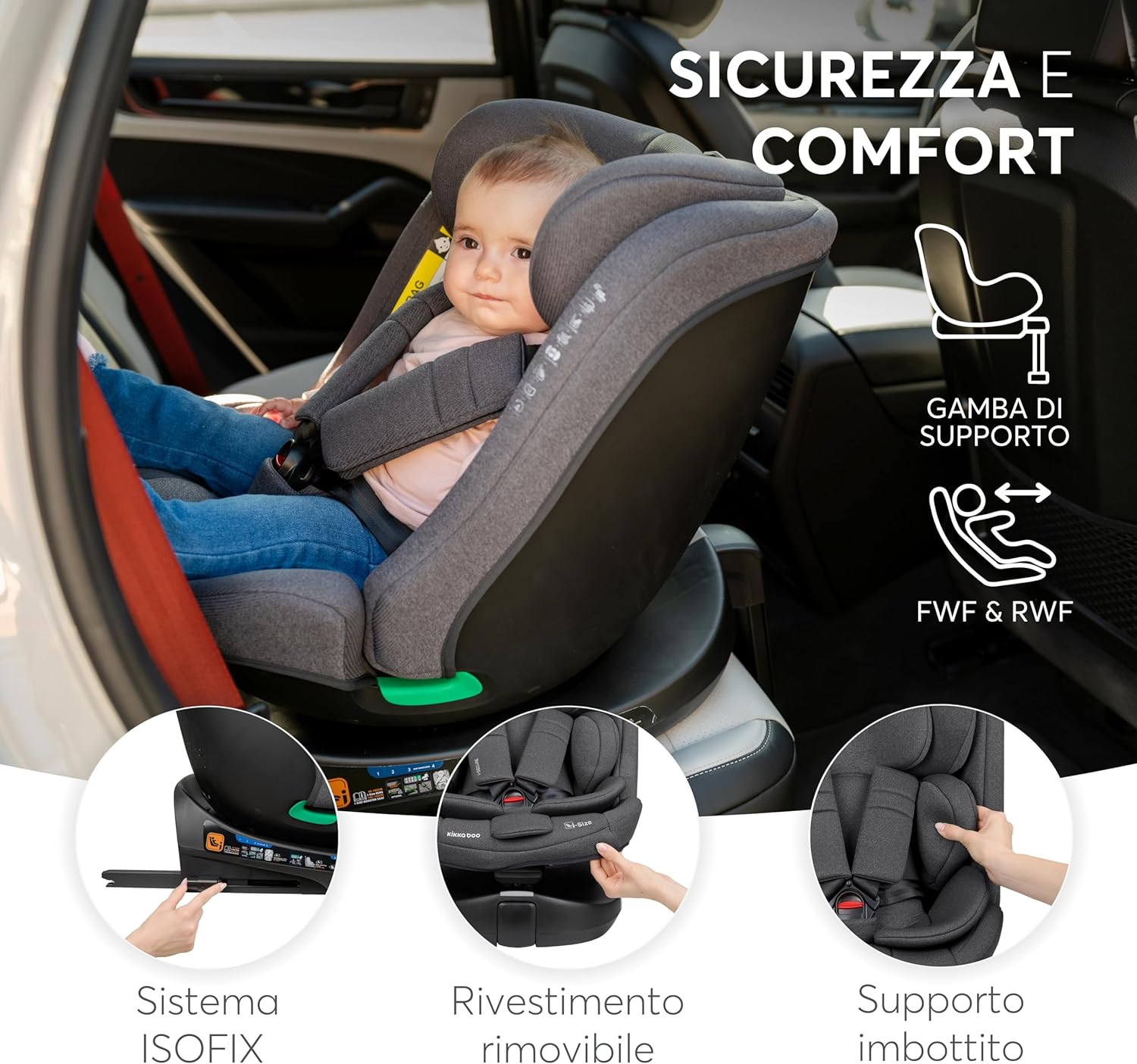 Detalle de KikkaBoo Seggiolino Auto i-SECURE 0-36 kg: rotante a 360°, ISOFIX e i-Size