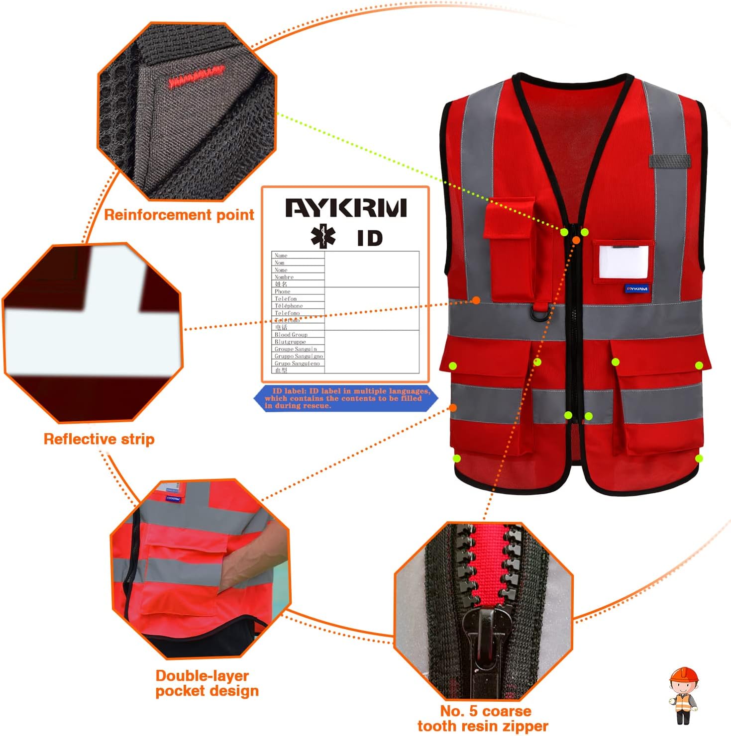 Thumbnail 4 de AYKRM 21 Colours High Vis Vest with Front Zipper and 7 Pockets