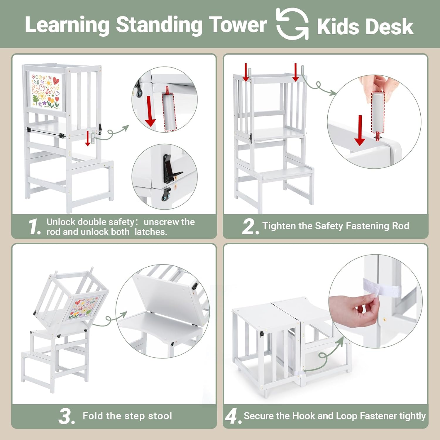 Thumbnail 3 de COSYLAND 3-In-1 Toddler Kitchen Stool Helper (White) — Convertible Standing Tower with Whiteboard