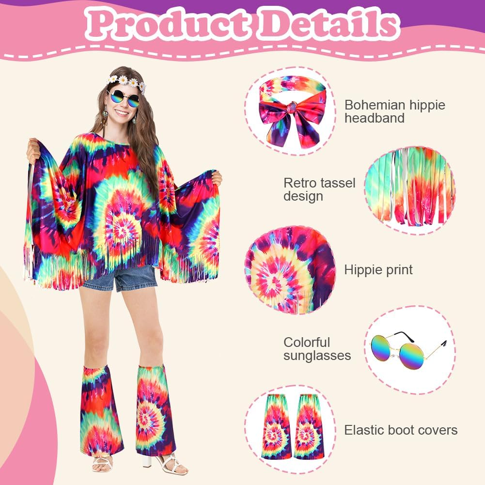 Thumbnail 2 de AOOWU Hippie Kostüm Damen Set – 9-teiliges Retro-Outfit der 60er/70er Jahre