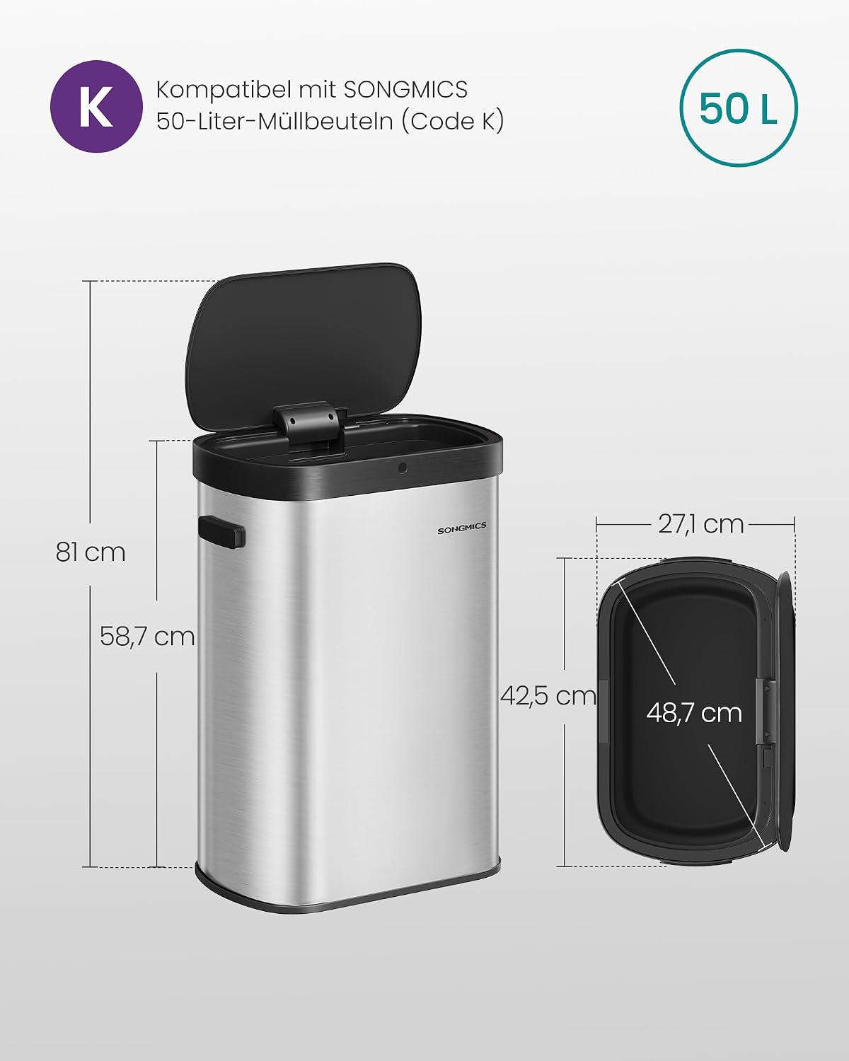 Thumbnail 3 de SONGMICS Sensor-Abfalleimer 50 L – Mülleimer mit Sensor, Softclose, Stahl, inkl. 15 Müllbeutel (LTB640E01, metallicsilber-tintenschwarz)