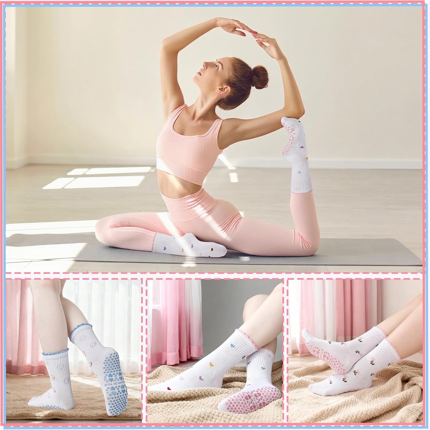 Detalle 2 de Zuimei 4 Pairs Cute Pilates Socks with Grips – Non-Slip Ruffle Yoga Reformer Socks for Home Gym, Barre, Dance and More