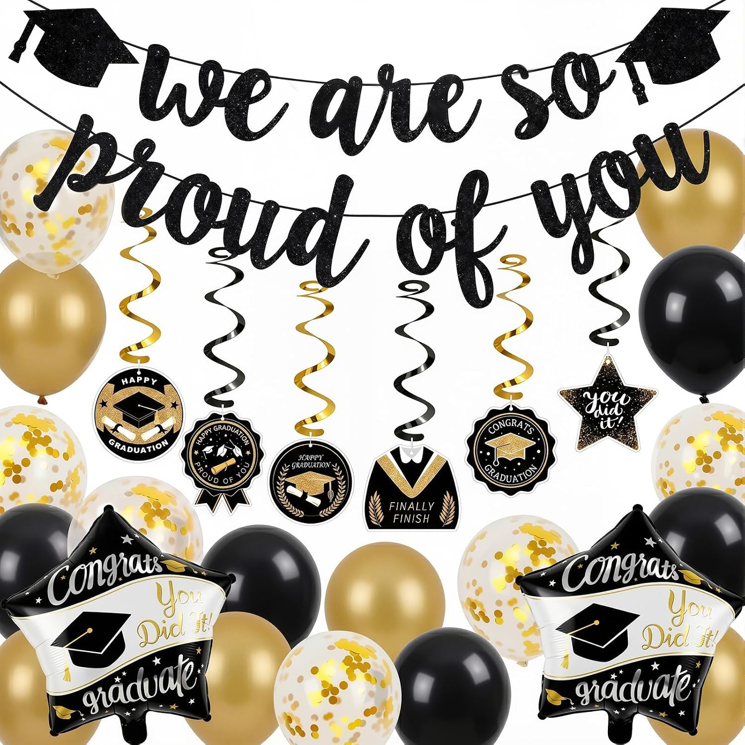 Thumbnail 6 de OLANRUN Graduation Decorations Set 2026 – We Are So Proud of You Banner, 20 Balloons & 6 Hanging Swirls